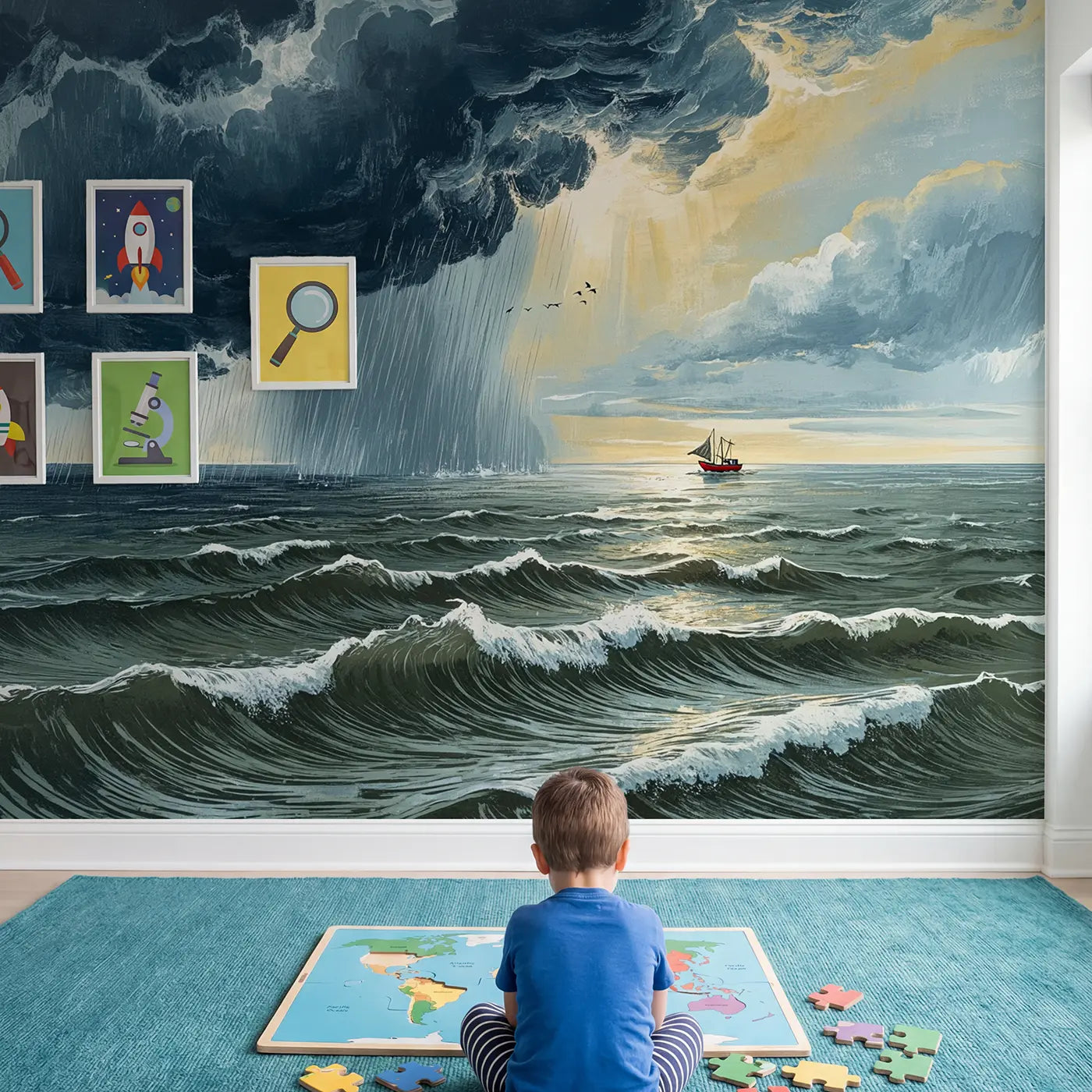 Child in nursery with Ocean Storm Passing Wallpaper Mural by Whimsy Tots