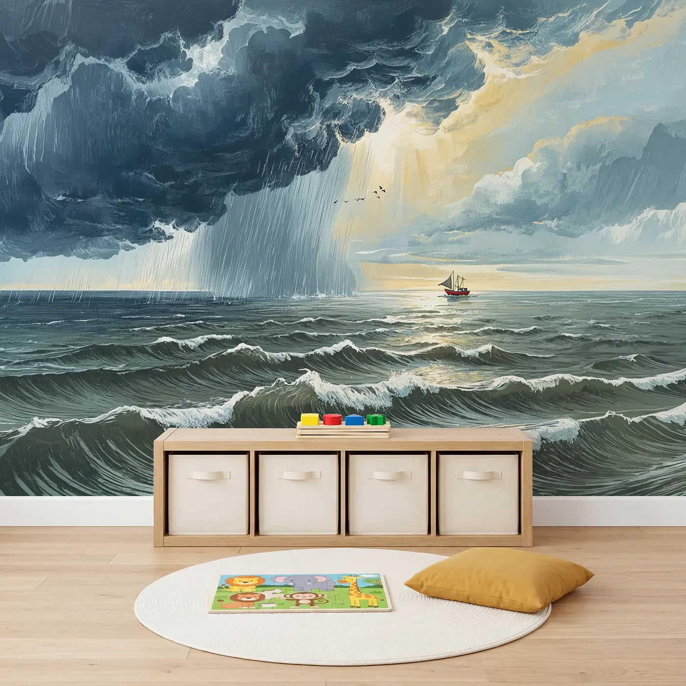 Ocean Storm Passing Wallpaper Mural in playroom setting by Whimsy Tots