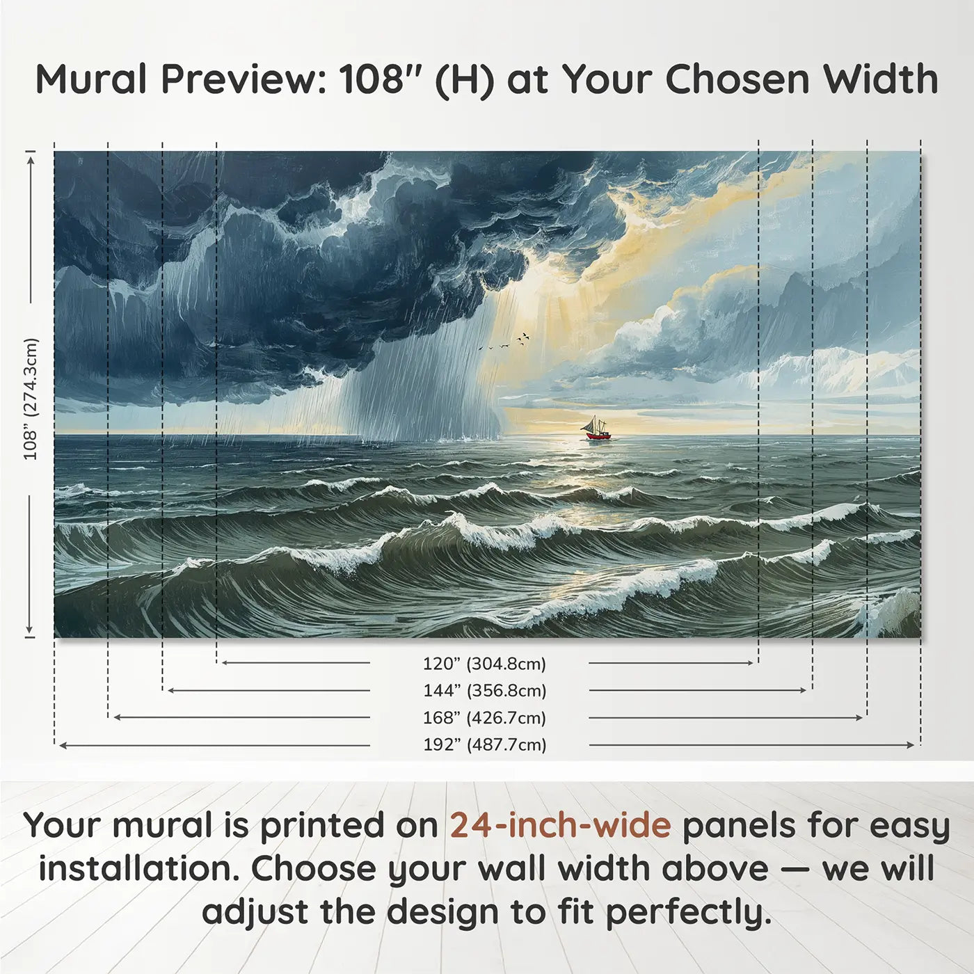 Panel layout and dimensions for Ocean Storm Passing Wallpaper Mural by Whimsy Tots