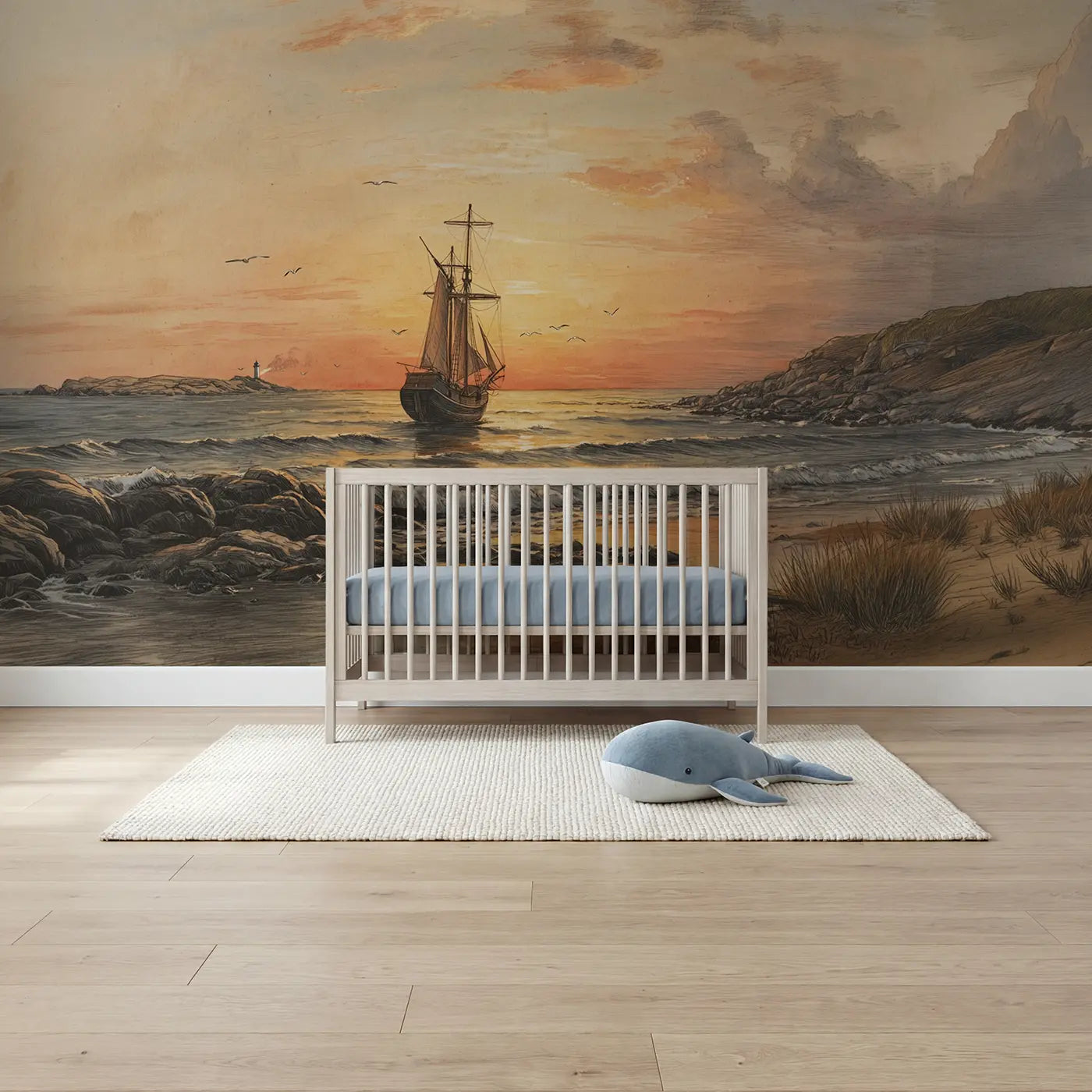 Storybook sailboat and sunset coastal wallpaper mural for kids room by Whimsy Tots