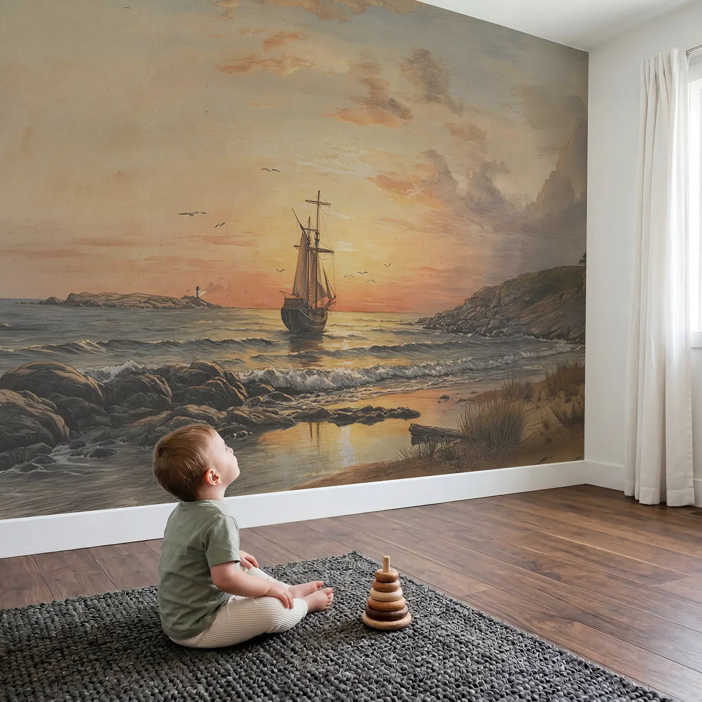 Child in nursery with Sunset Sailing Ship Wallpaper Mural by Whimsy Tots