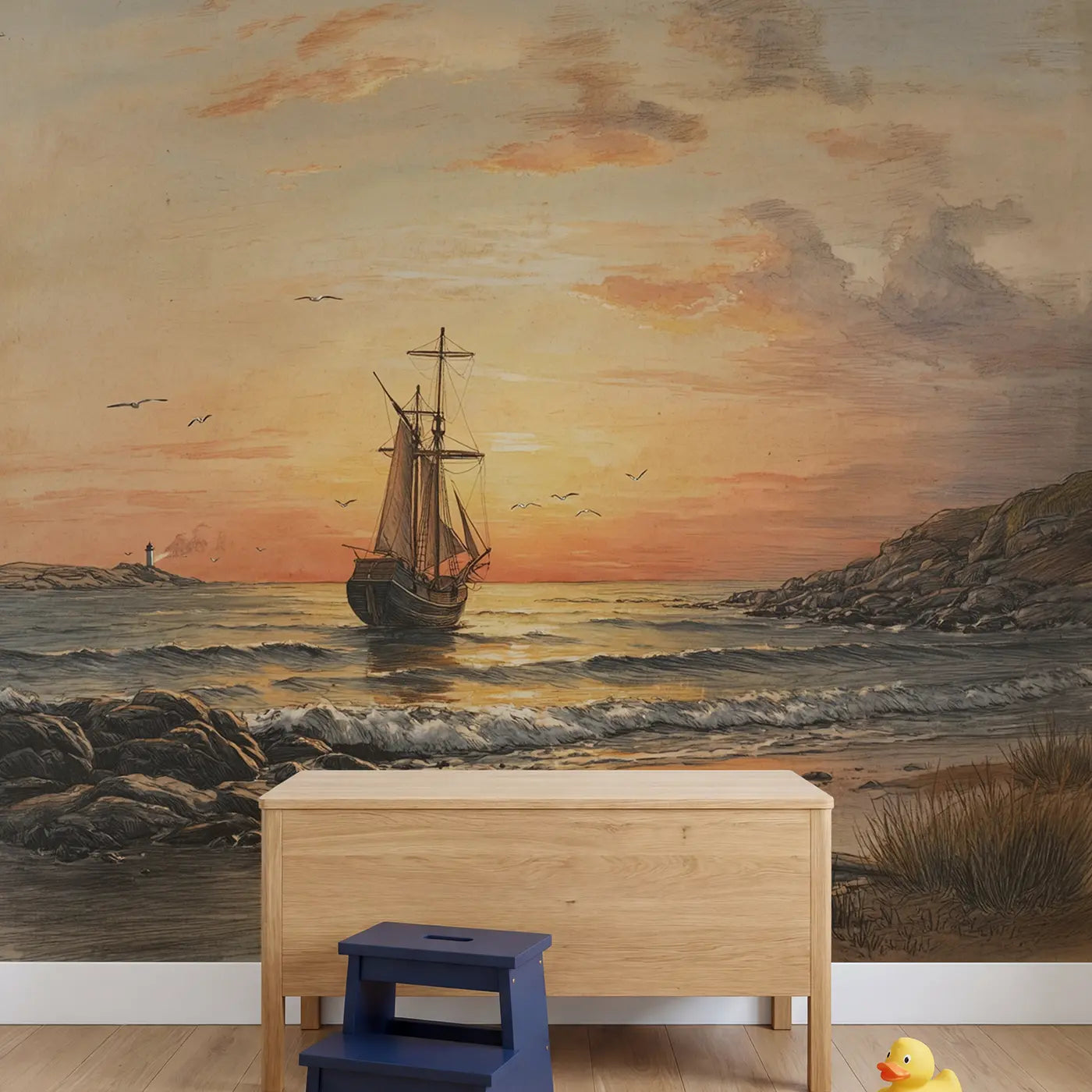 Sunset Sailing Ship Wallpaper Mural in playroom setting by Whimsy Tots
