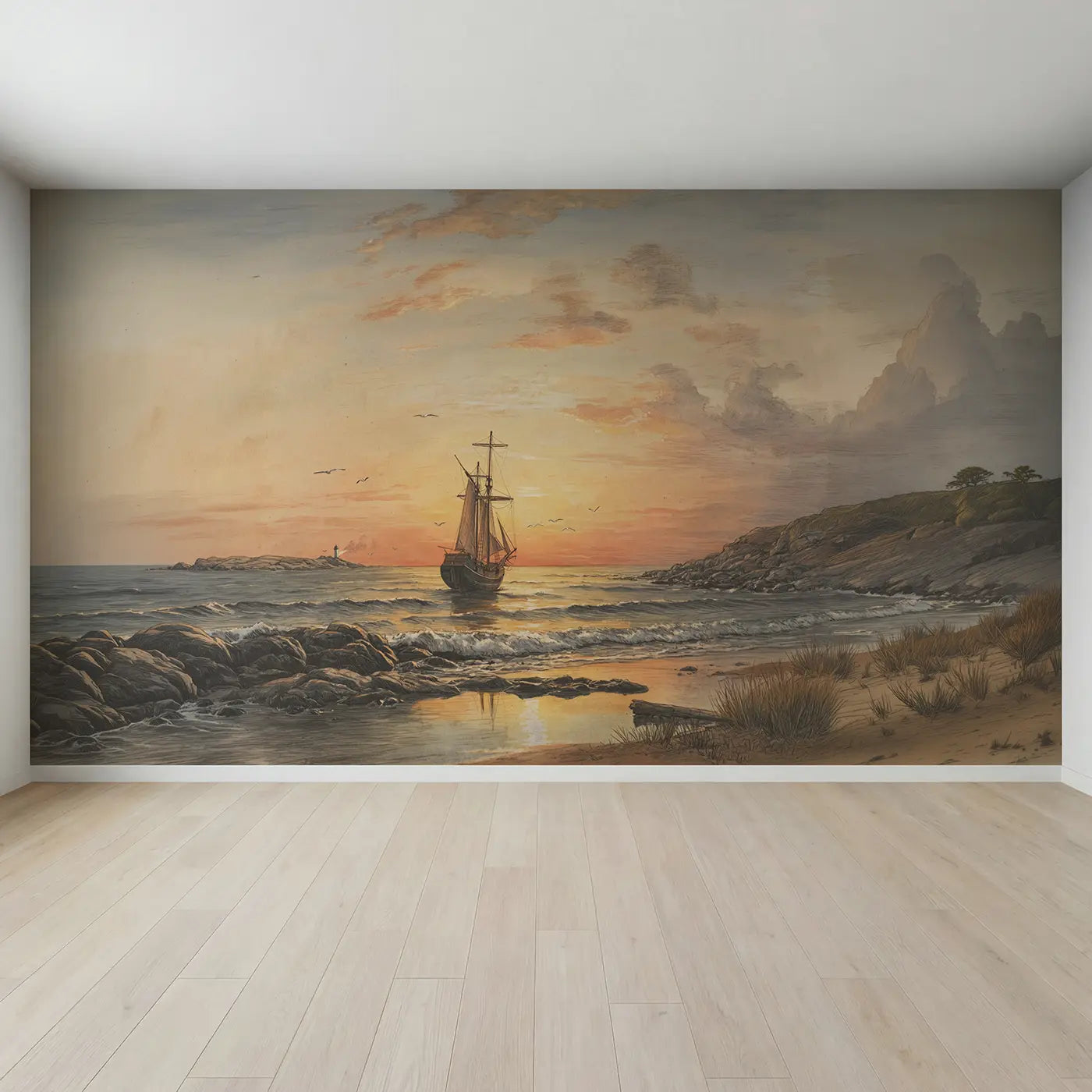 Full view of Sunset Sailing Ship Wallpaper Mural by Whimsy Tots