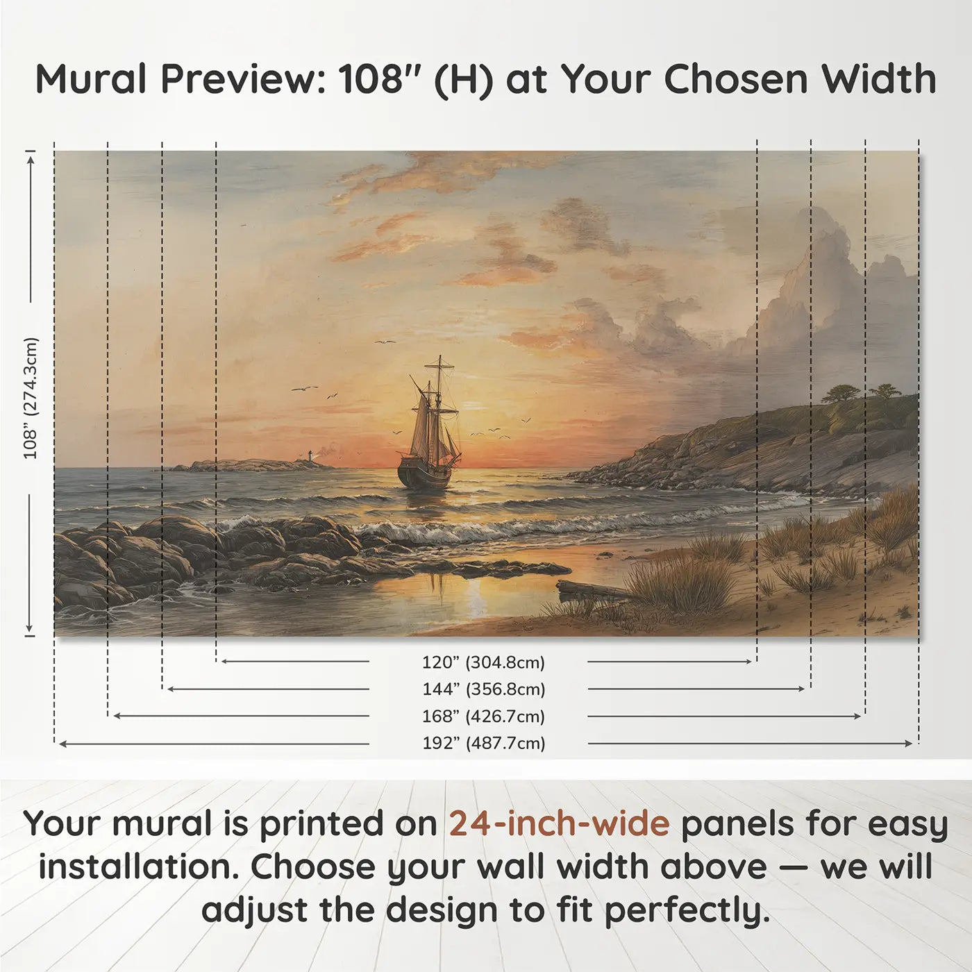 Panel layout and dimensions for Sunset Sailing Ship Wallpaper Mural by Whimsy Tots
