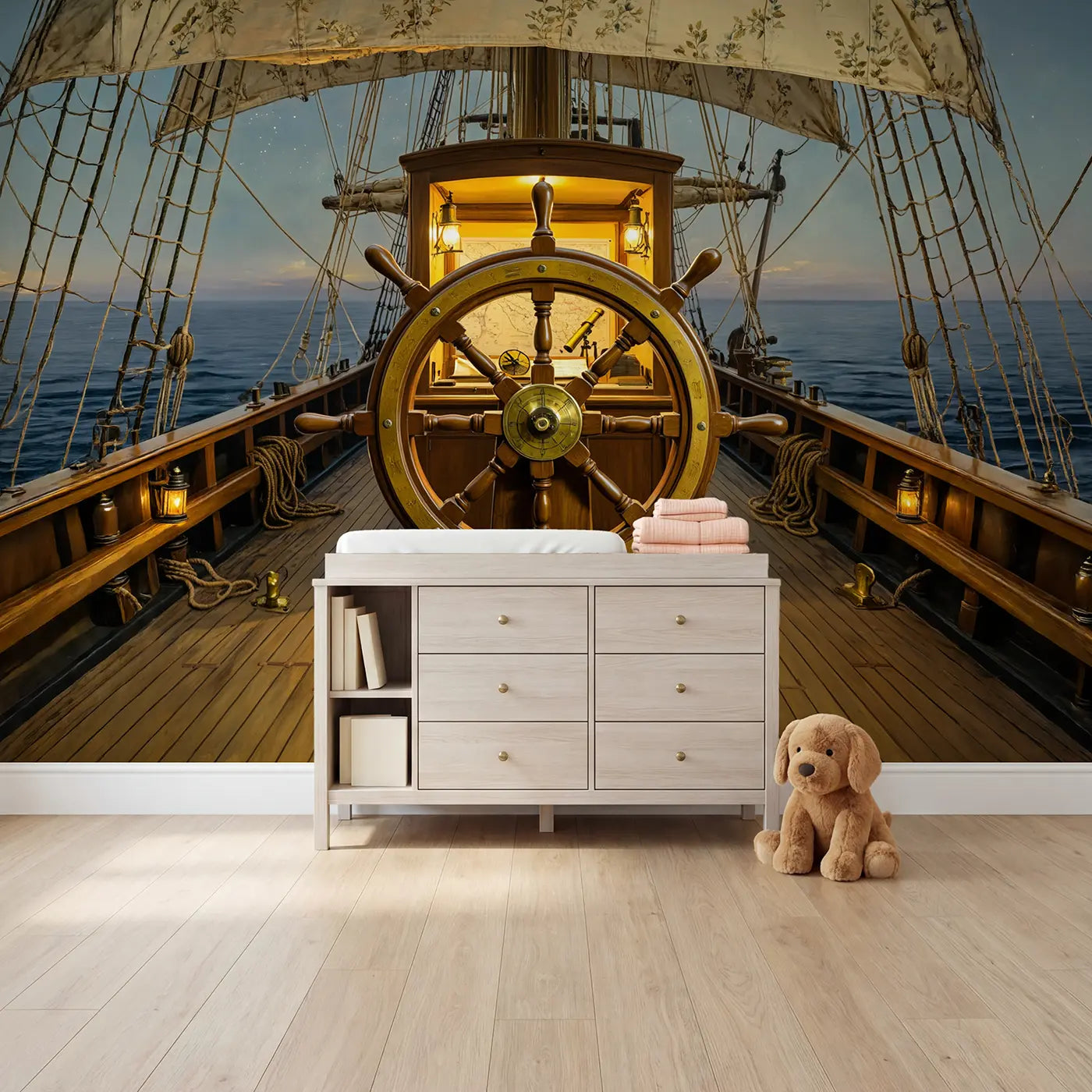 Botanical elegance nautical ship wheel compass wallpaper mural for nursery by Whimsy Tots