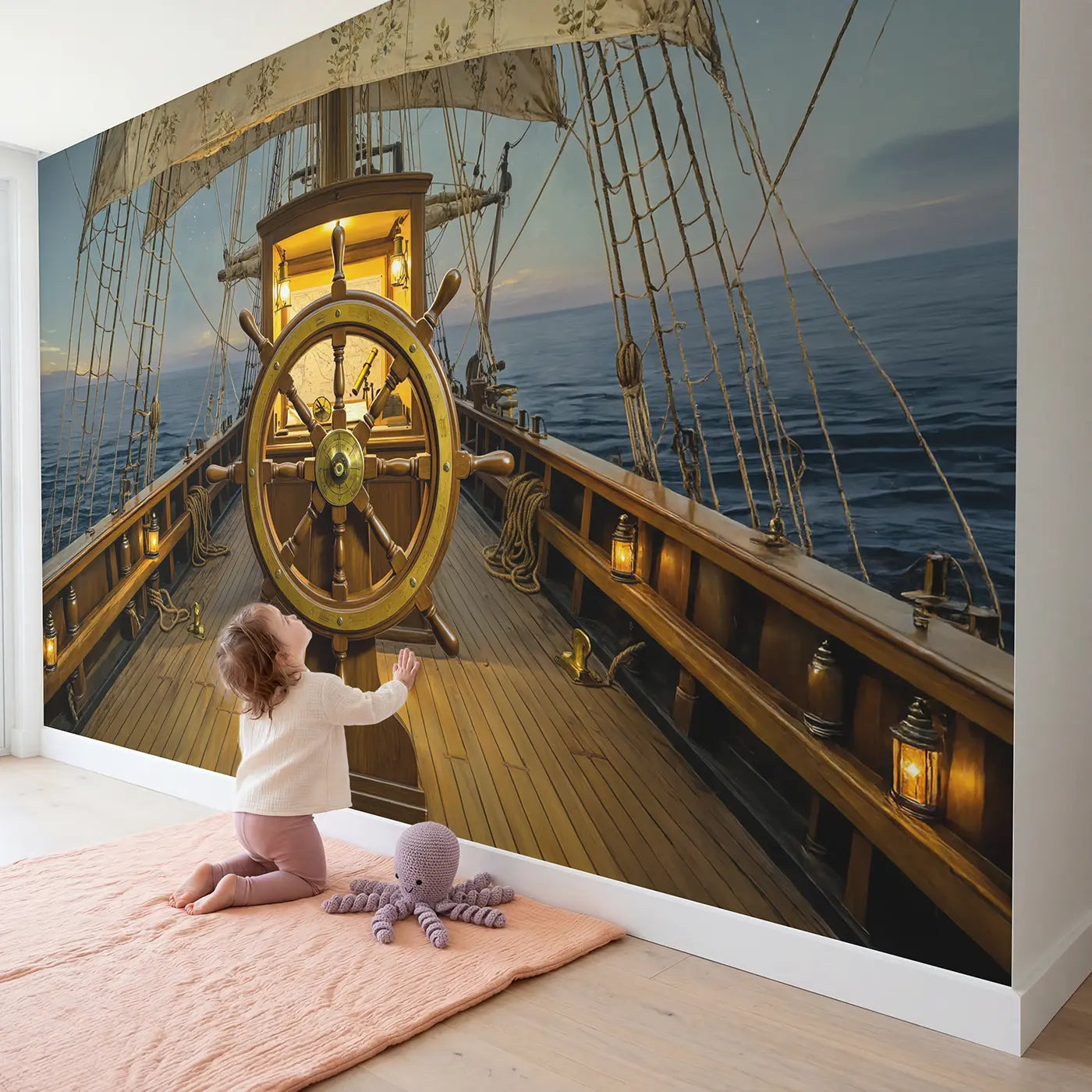 Child in nursery with Captain Deck Ship Wheel Wallpaper Mural by Whimsy Tots