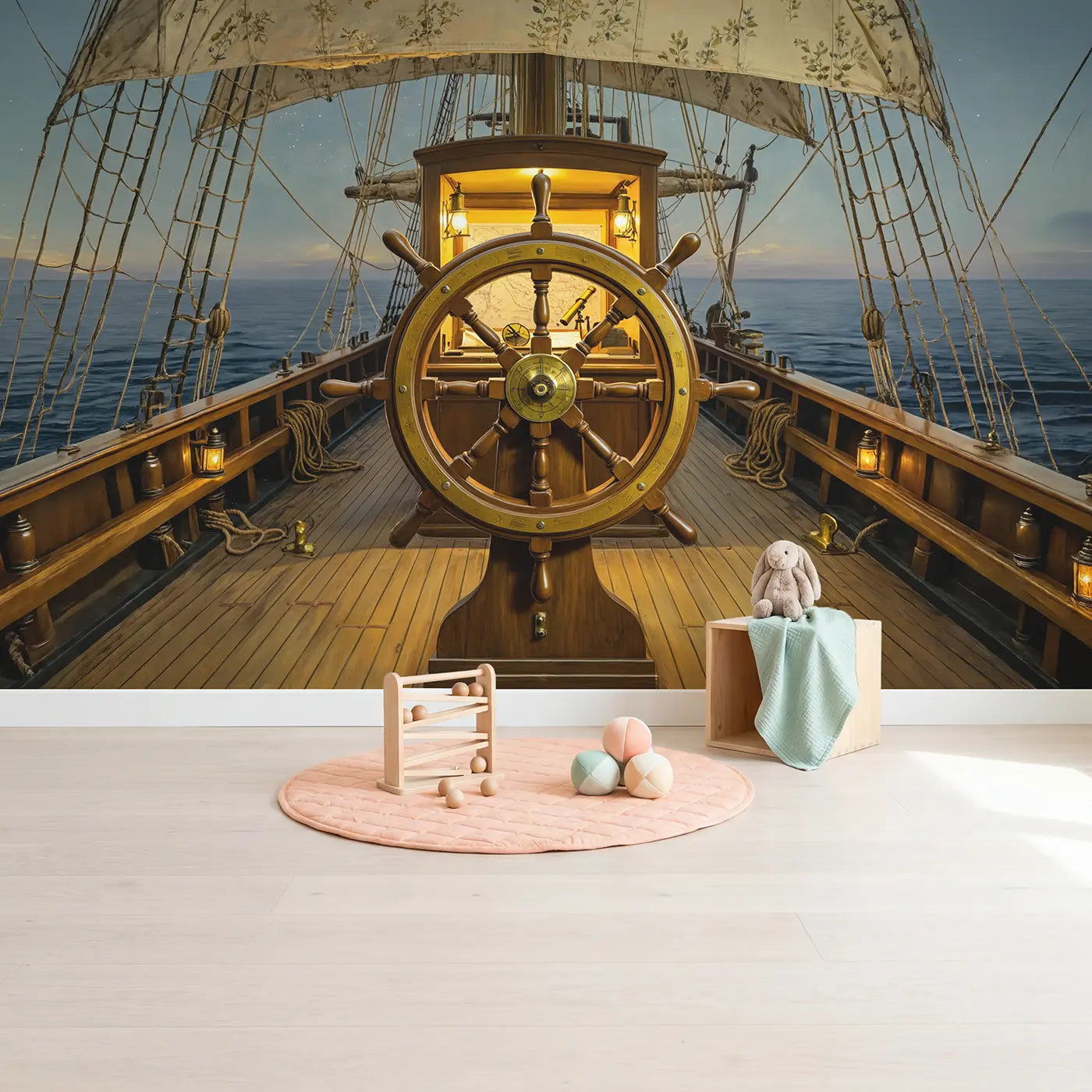 Captain Deck Ship Wheel Wallpaper Mural in playroom setting by Whimsy Tots