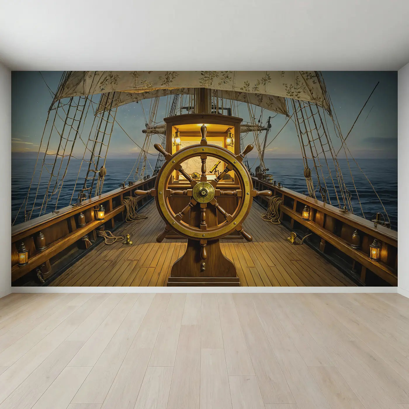 Full view of Captain Deck Ship Wheel Wallpaper Mural by Whimsy Tots