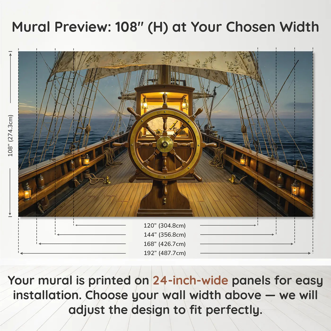 Panel layout and dimensions for Captain Deck Ship Wheel Wallpaper Mural by Whimsy Tots
