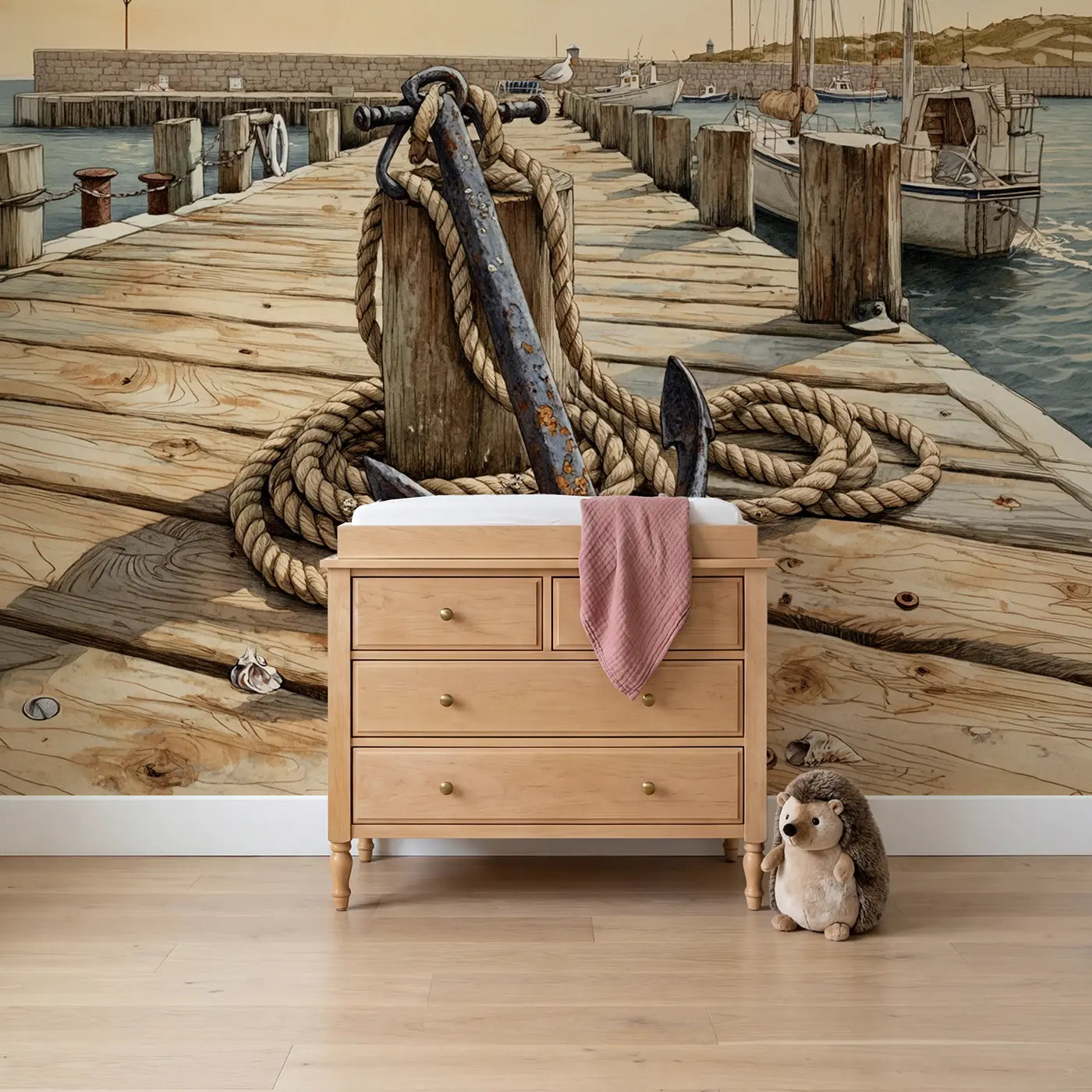 Storybook anchor rope dock harbor wallpaper mural for girls room by Whimsy Tots