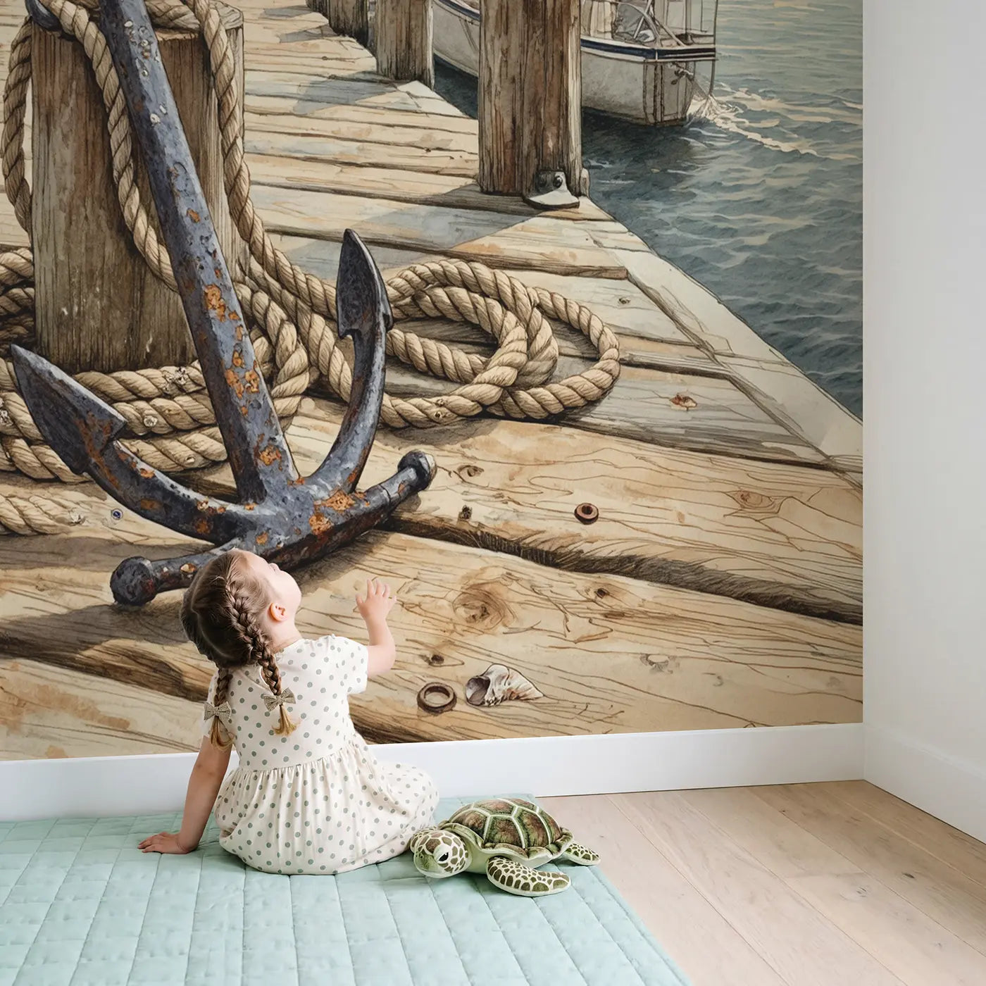 Child in nursery with Anchor and Rope Dock Wallpaper Mural by Whimsy Tots