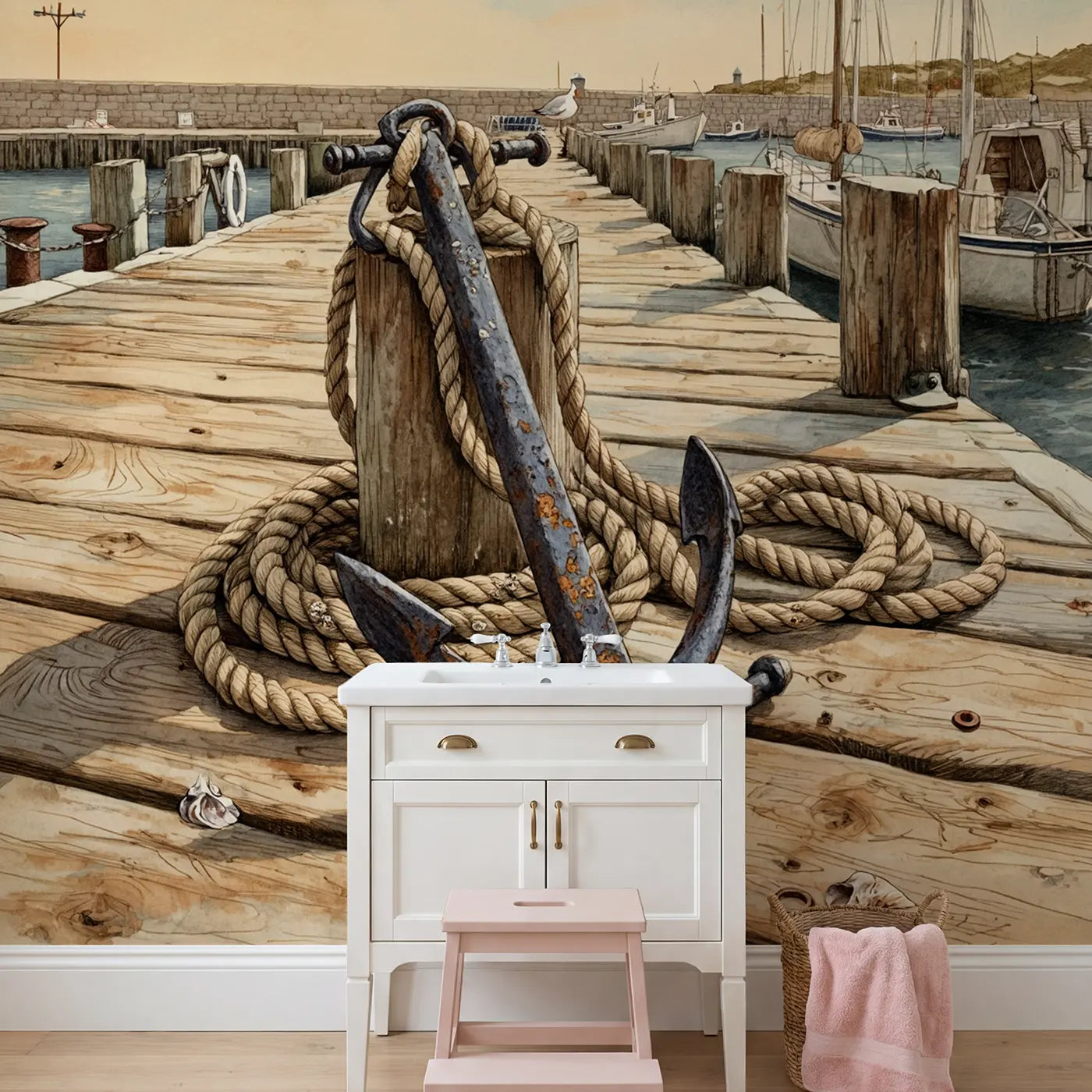 Anchor and Rope Dock Wallpaper Mural in playroom setting by Whimsy Tots