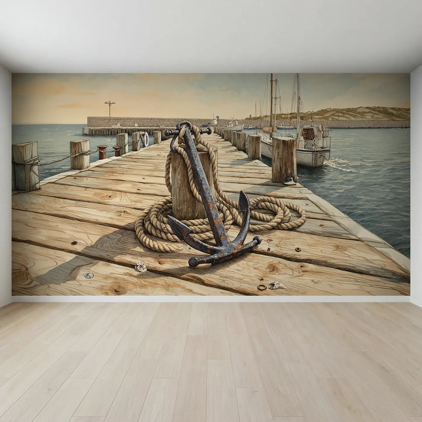 Full view of Anchor and Rope Dock Wallpaper Mural by Whimsy Tots