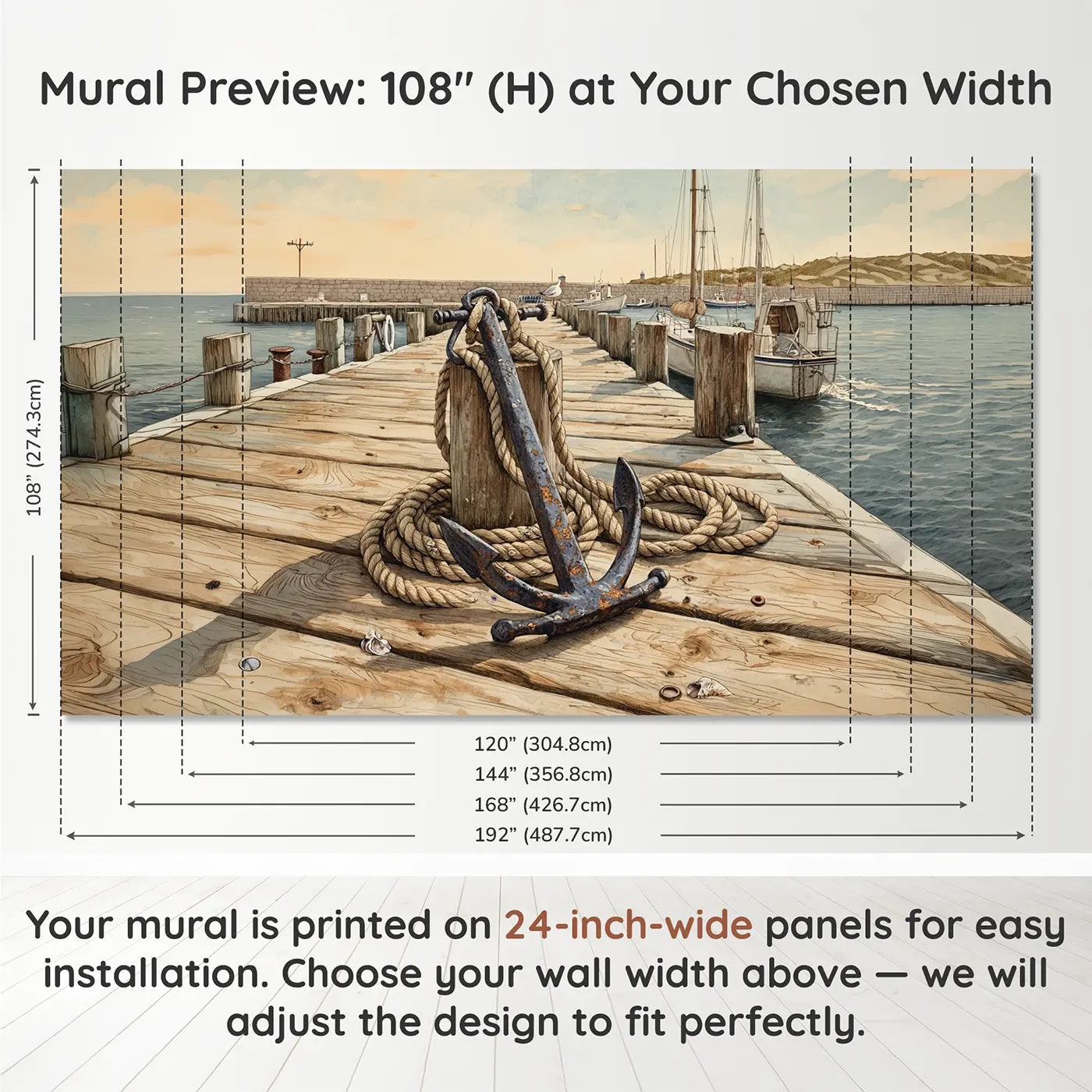 Panel layout and dimensions for Anchor and Rope Dock Wallpaper Mural by Whimsy Tots