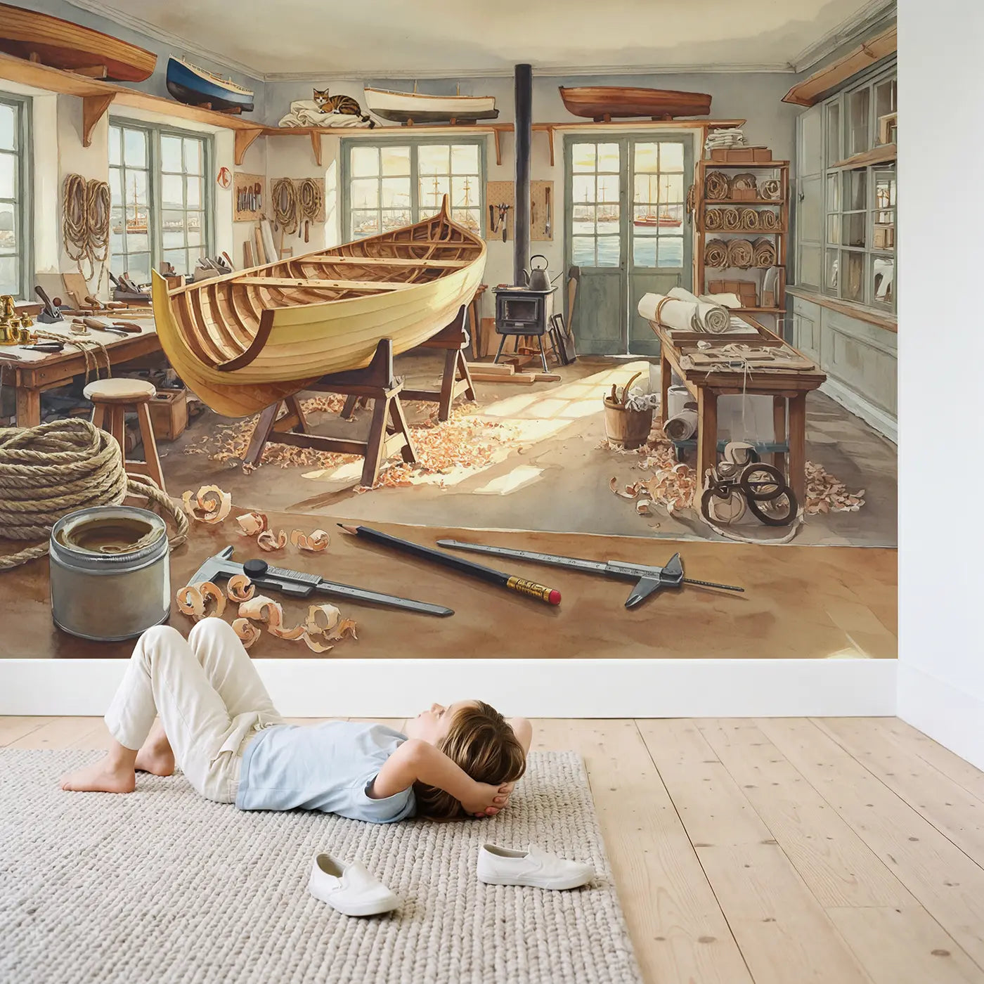 Child in nursery with Boat Builder Workshop Wallpaper Mural by Whimsy Tots