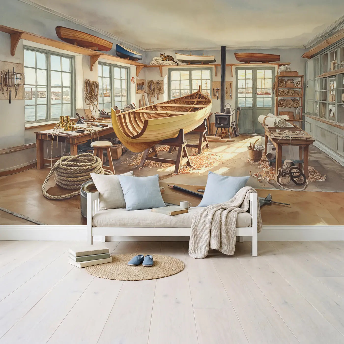 Boat Builder Workshop Wallpaper Mural in playroom setting by Whimsy Tots