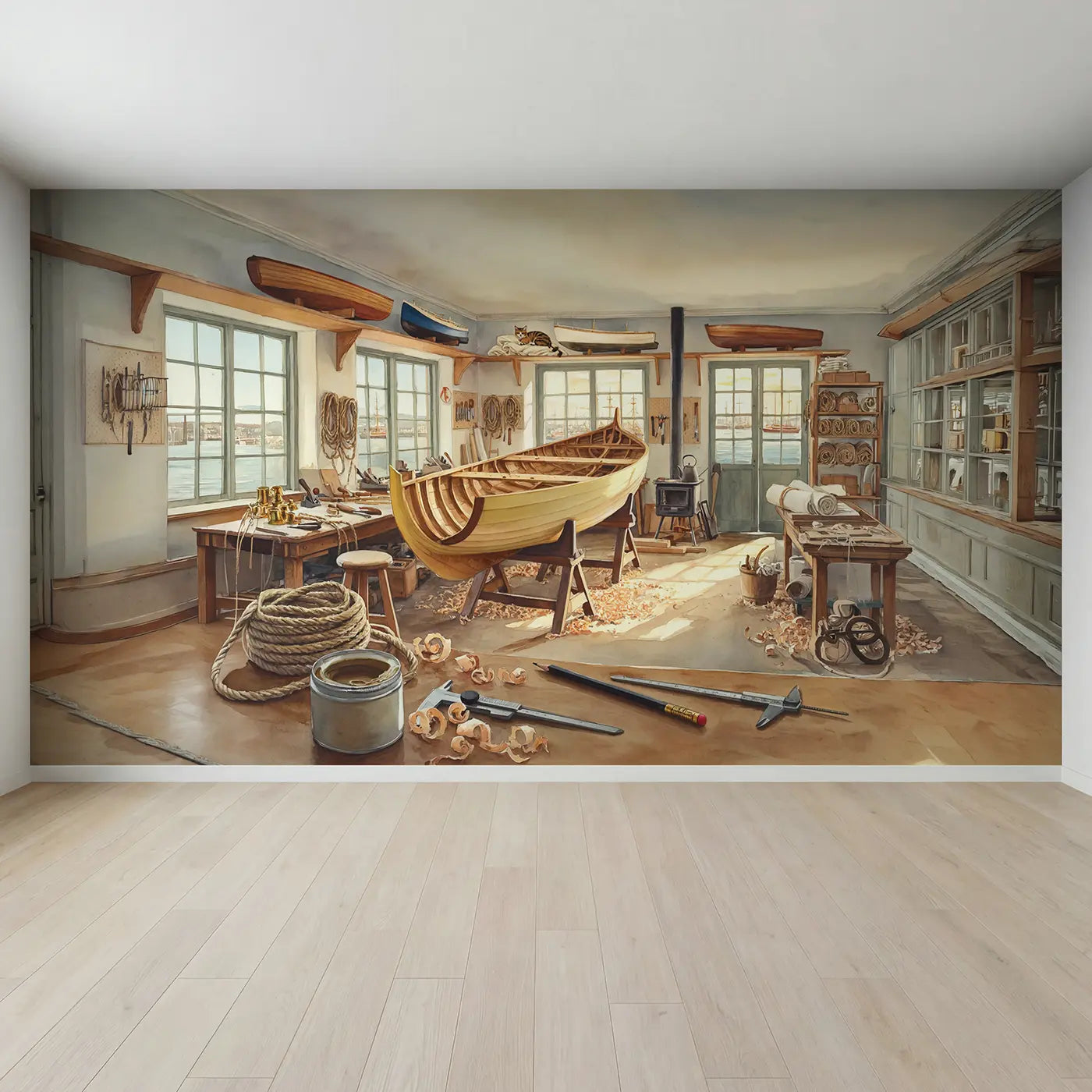 Full view of Boat Builder Workshop Wallpaper Mural by Whimsy Tots
