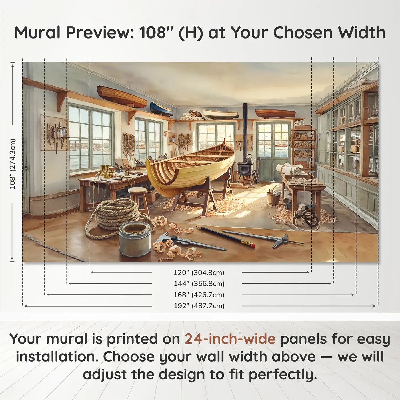 Panel layout and dimensions for Boat Builder Workshop Wallpaper Mural by Whimsy Tots