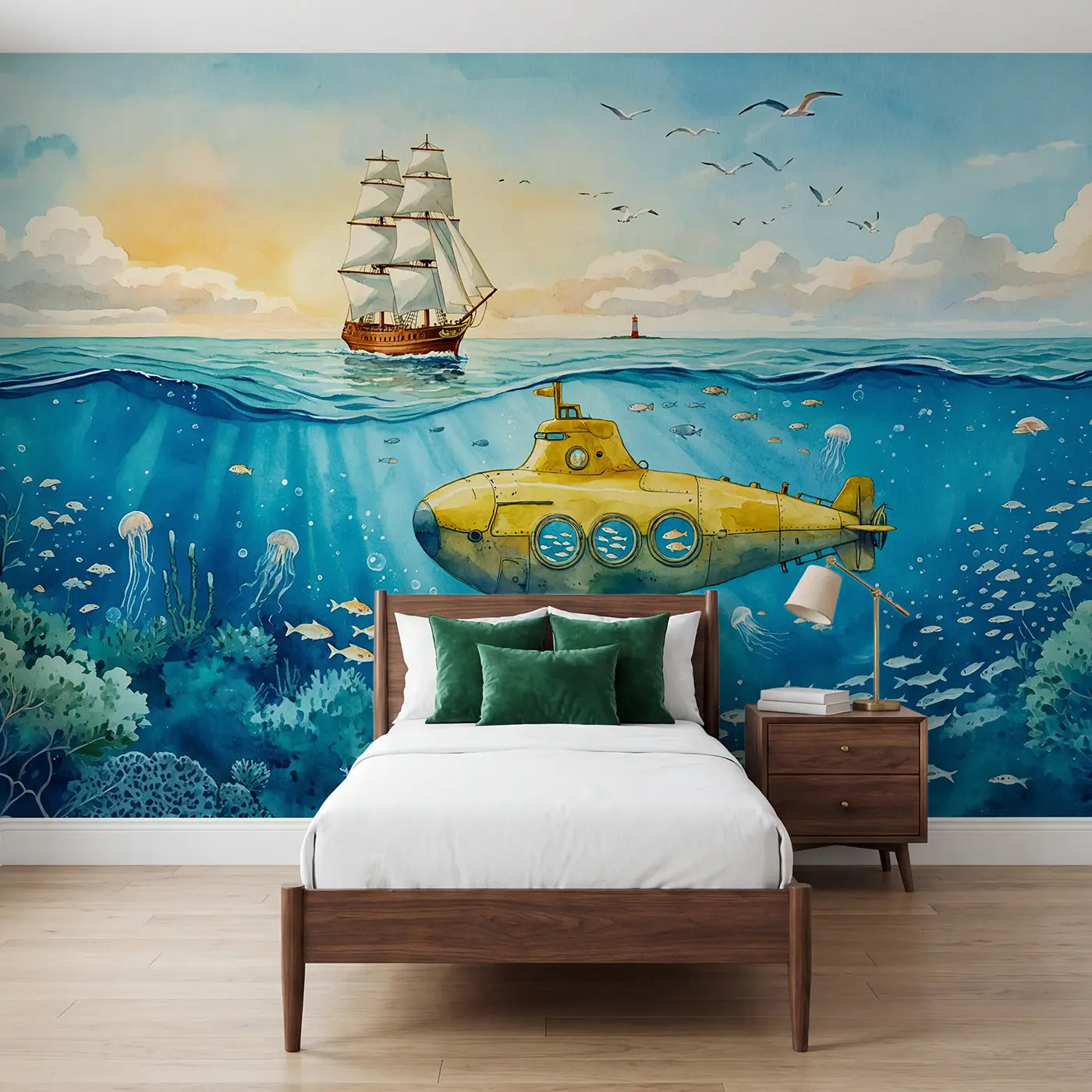 Watercolor submarine and sailboat split ocean view wallpaper mural for girls room by Whimsy Tots