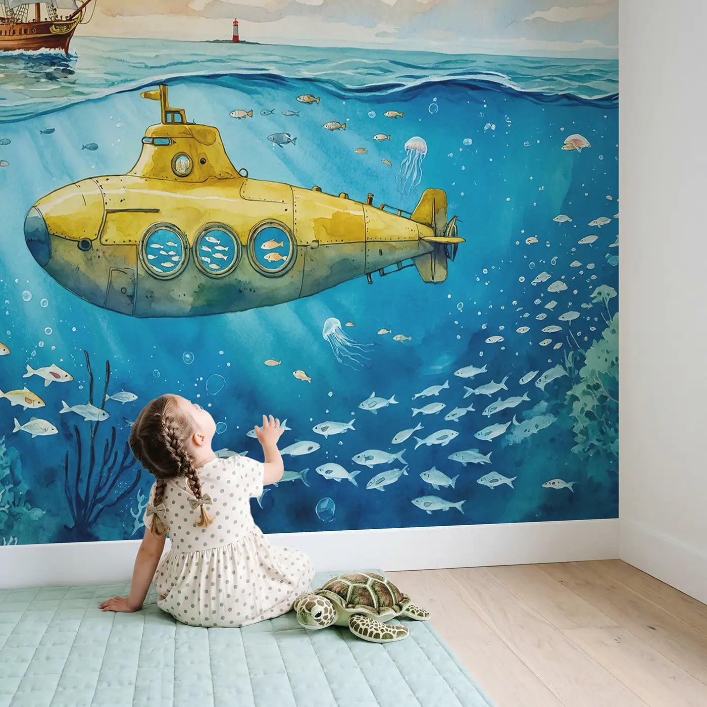 Child in nursery with Submarine and Ship Passing Wallpaper Mural by Whimsy Tots