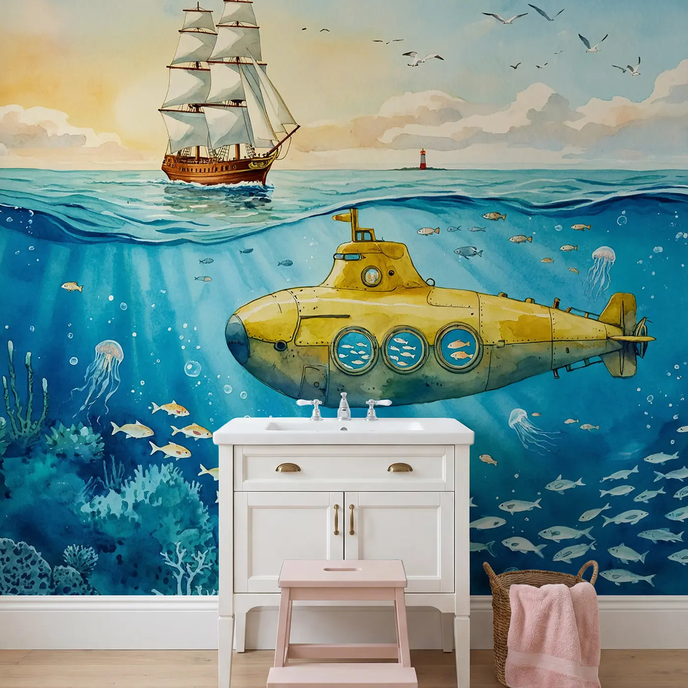 Submarine and Ship Passing Wallpaper Mural in playroom setting by Whimsy Tots