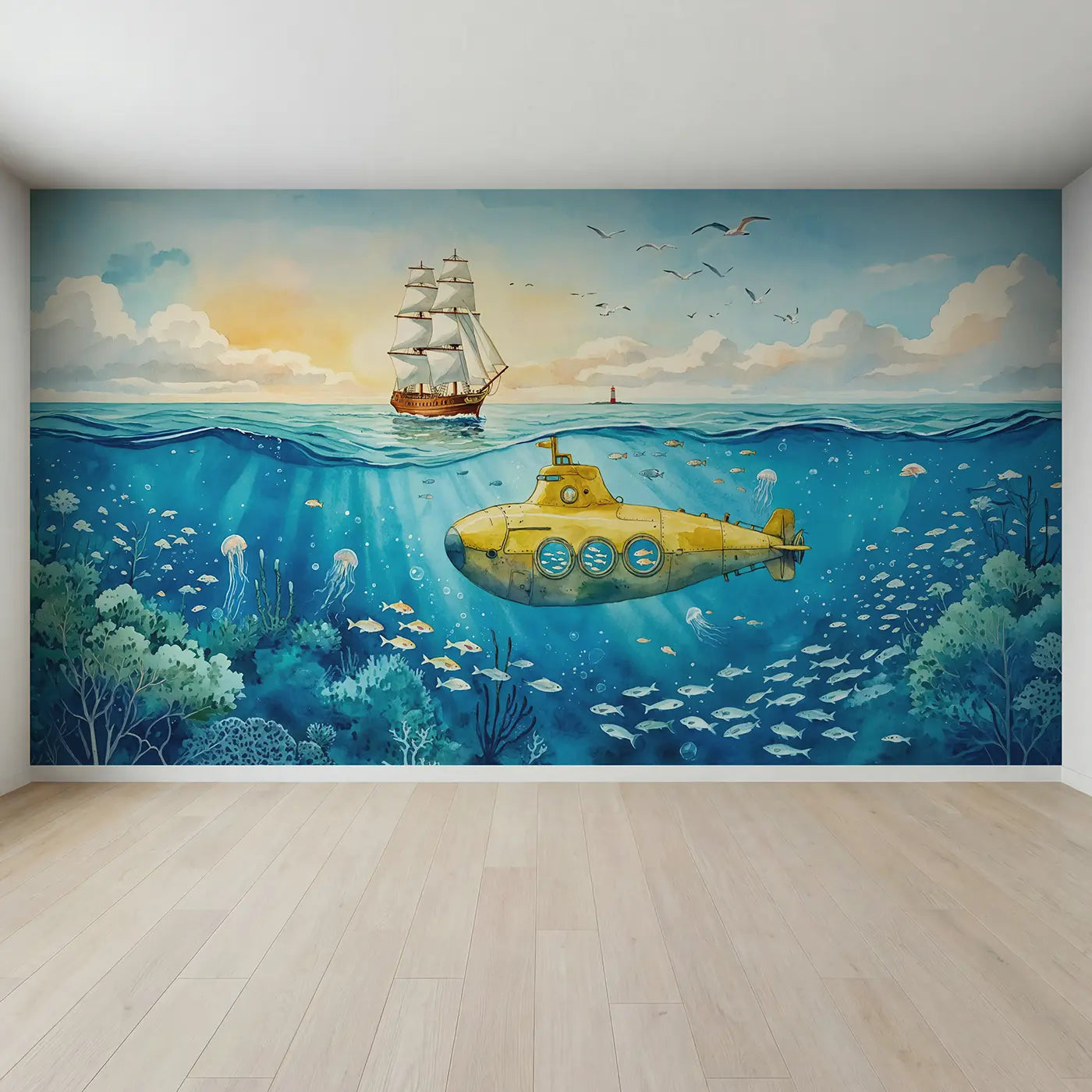 Full view of Submarine and Ship Passing Wallpaper Mural by Whimsy Tots