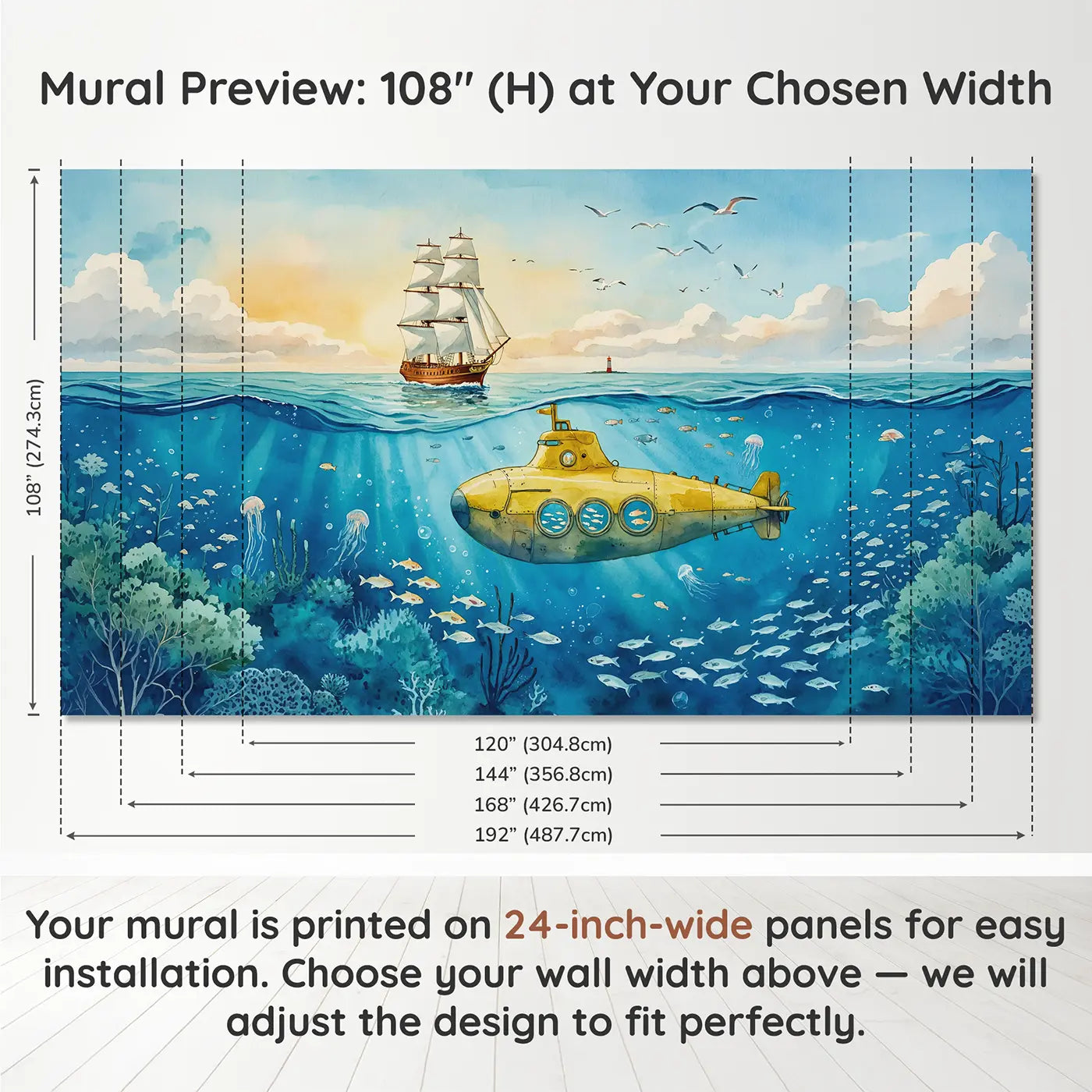 Panel layout and dimensions for Submarine and Ship Passing Wallpaper Mural by Whimsy Tots