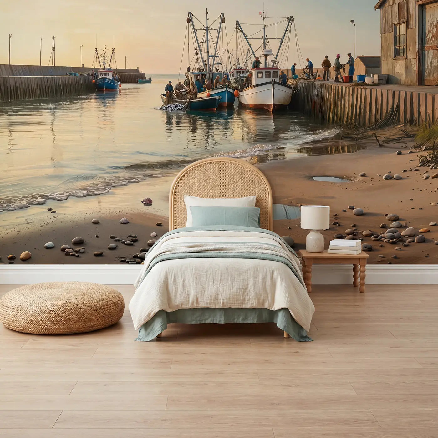 pastel fishing boats crowded harbor wallpaper mural for kids room by Whimsy Tots