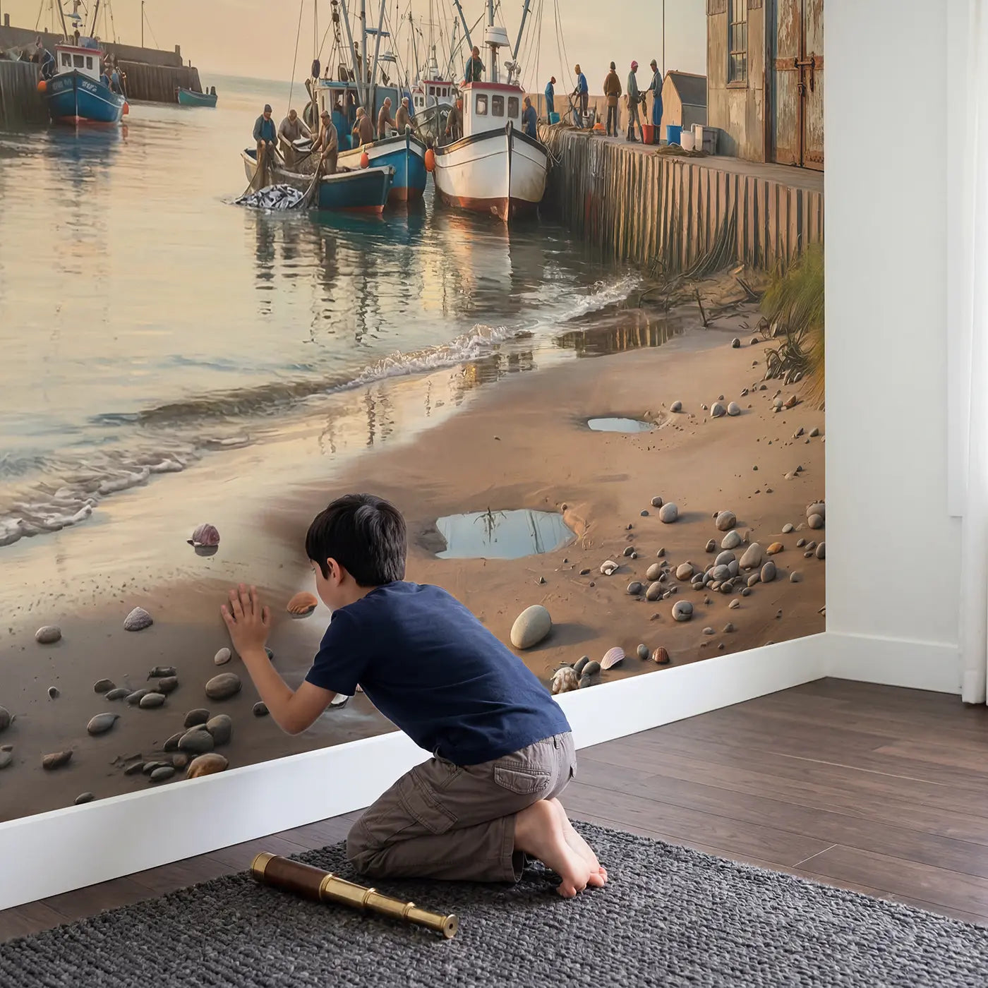 Child in nursery with Fishing Boats Crowded Harbor Wallpaper Mural by Whimsy Tots