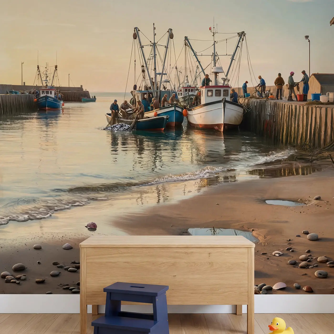 Fishing Boats Crowded Harbor Wallpaper Mural in playroom setting by Whimsy Tots