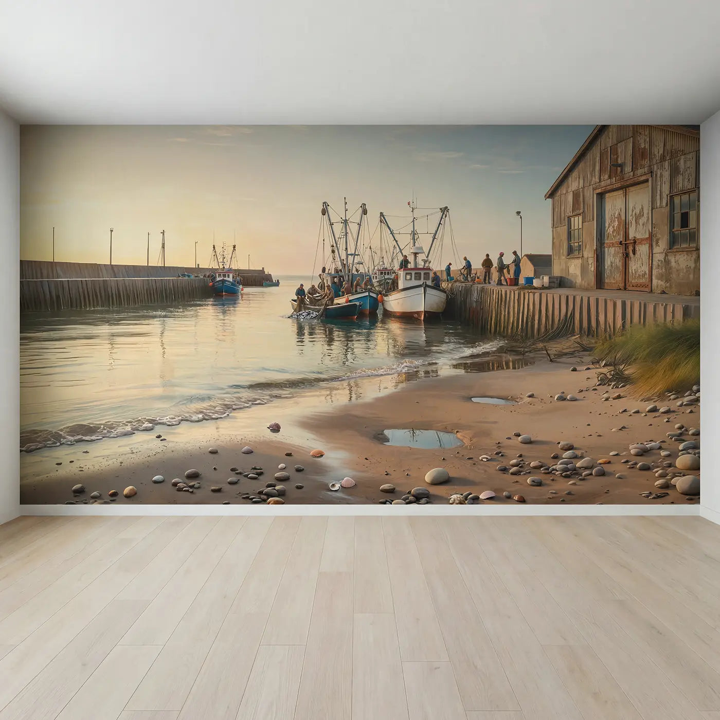 Full view of Fishing Boats Crowded Harbor Wallpaper Mural by Whimsy Tots