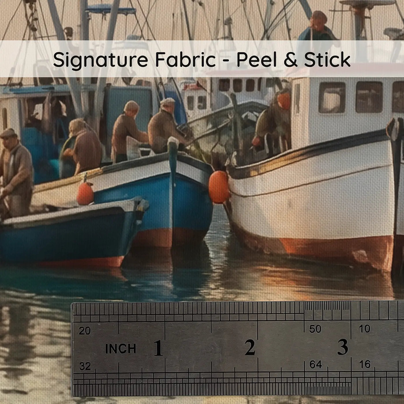 Fabric texture close-up of Fishing Boats Crowded Harbor Wallpaper Mural by Whimsy Tots