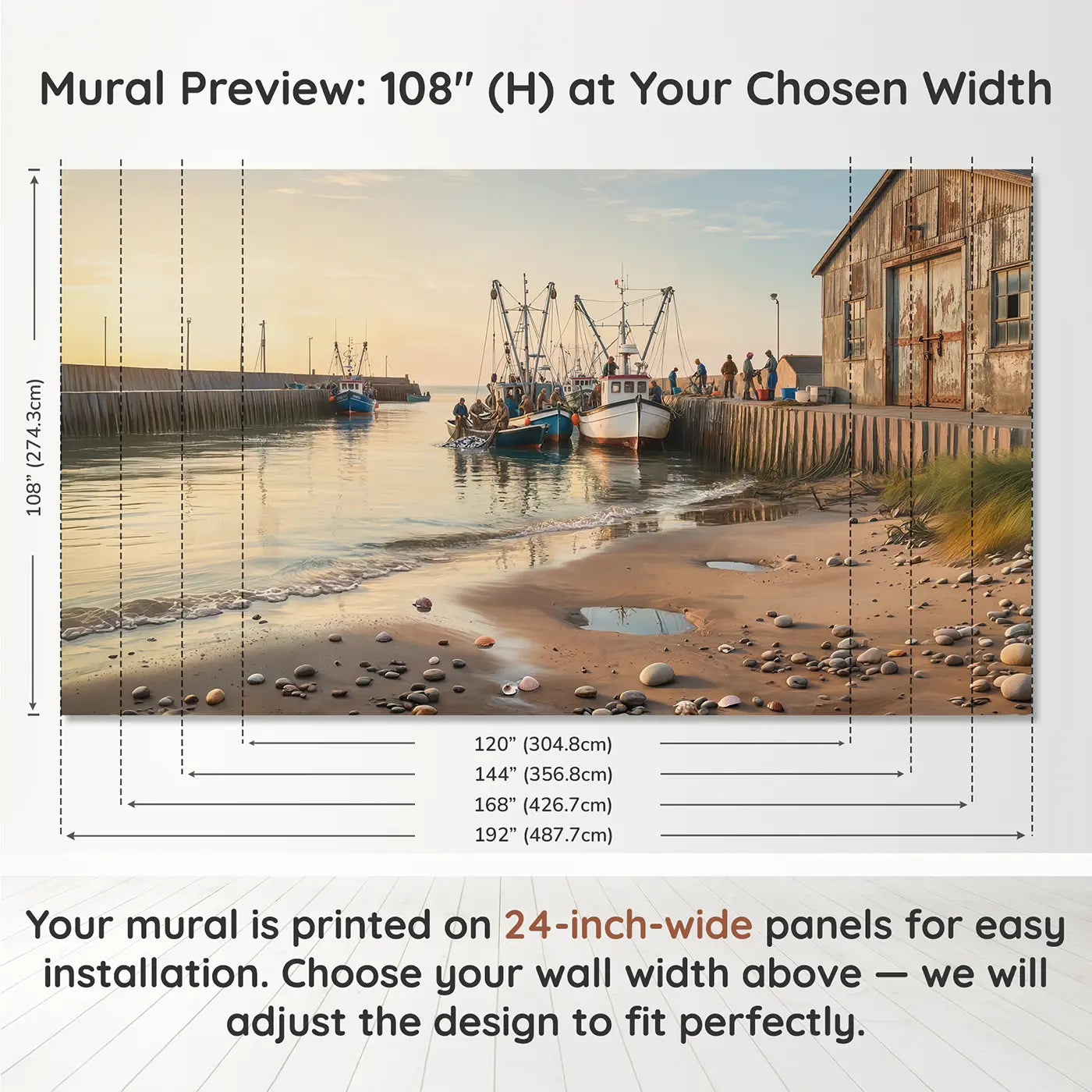 Panel layout and dimensions for Fishing Boats Crowded Harbor Wallpaper Mural by Whimsy Tots