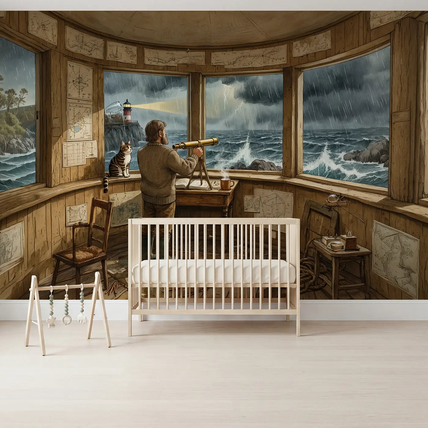 storybook lighthouse keeper storm watch coastal wallpaper mural for kids room by Whimsy Tots