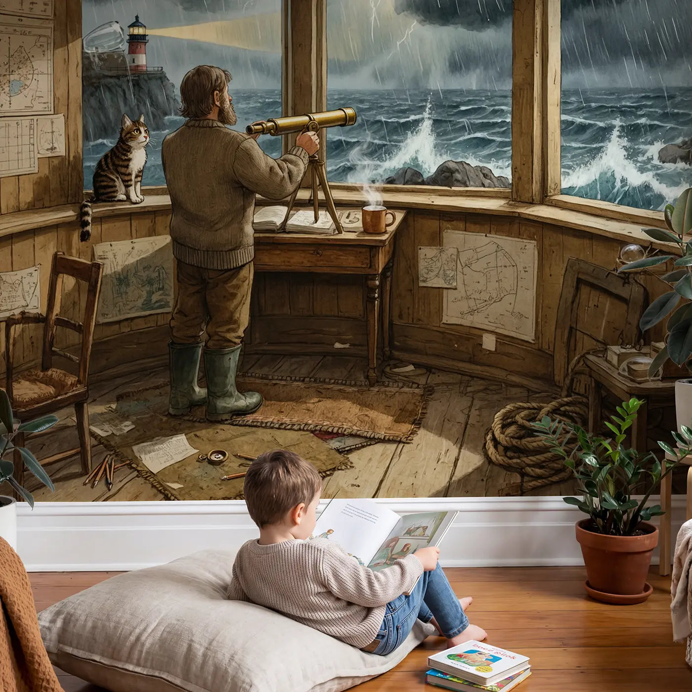 Child in nursery with Lighthouse Keeper Storm Watch Wallpaper Mural by Whimsy Tots