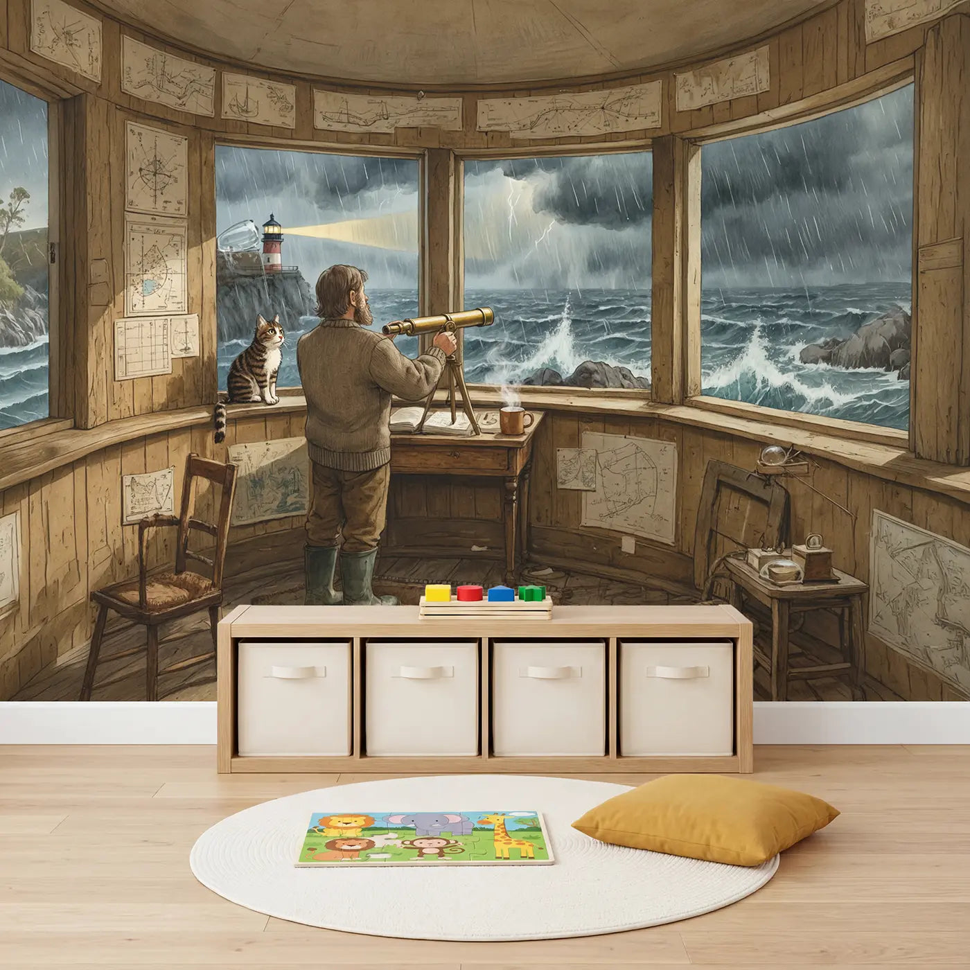 Lighthouse Keeper Storm Watch Wallpaper Mural in playroom setting by Whimsy Tots