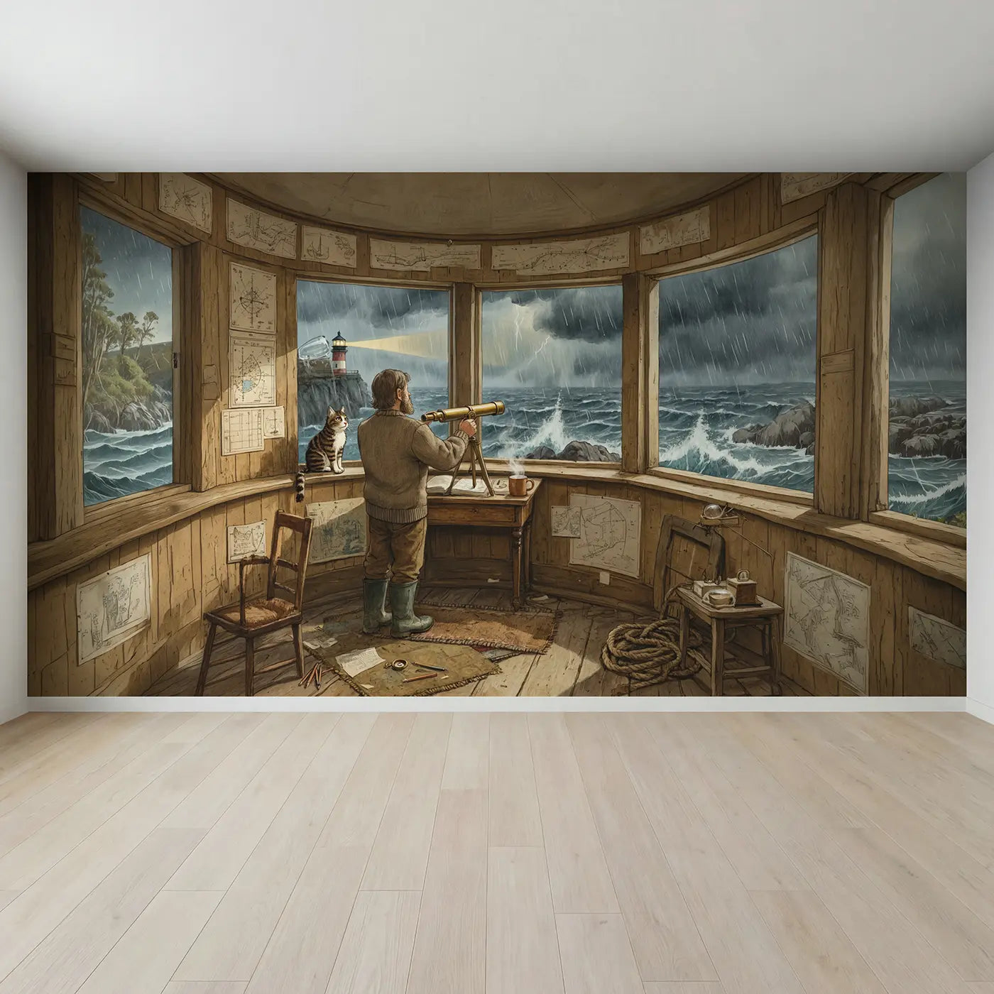 Full view of Lighthouse Keeper Storm Watch Wallpaper Mural by Whimsy Tots