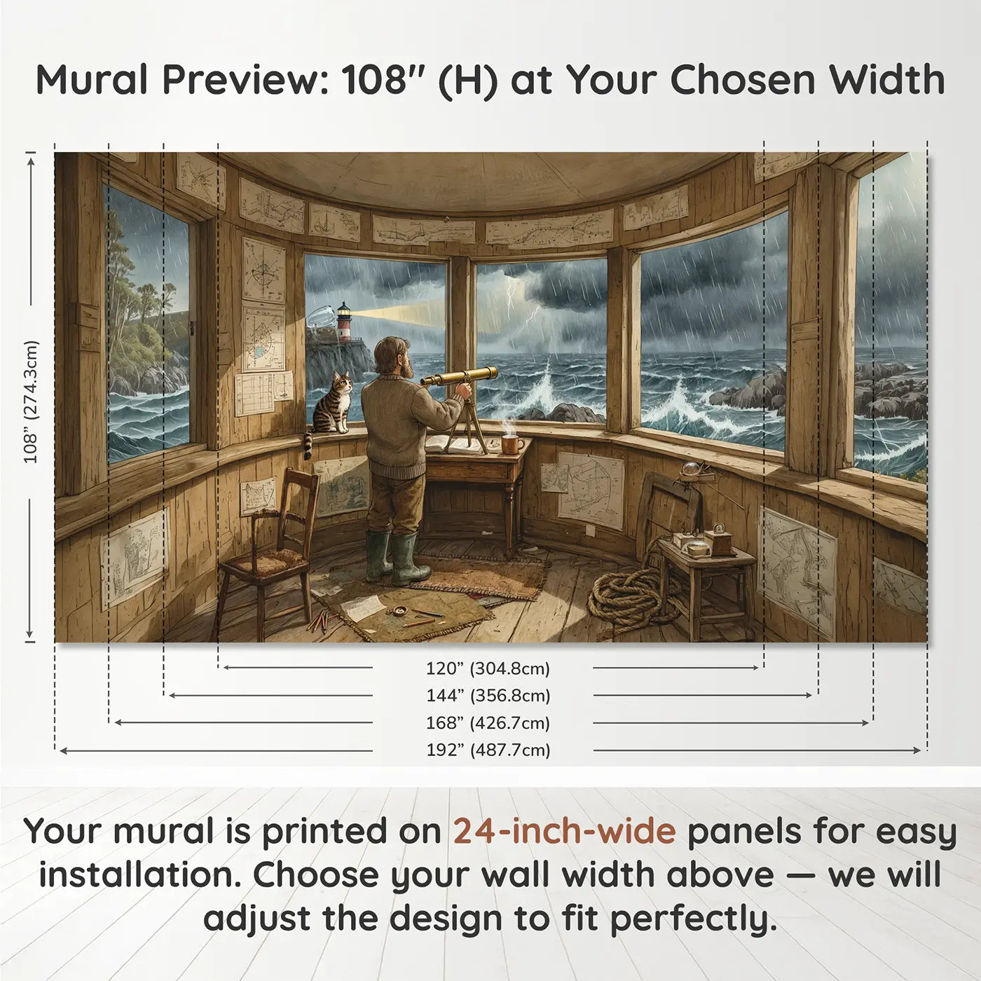 Panel layout and dimensions for Lighthouse Keeper Storm Watch Wallpaper Mural by Whimsy Tots