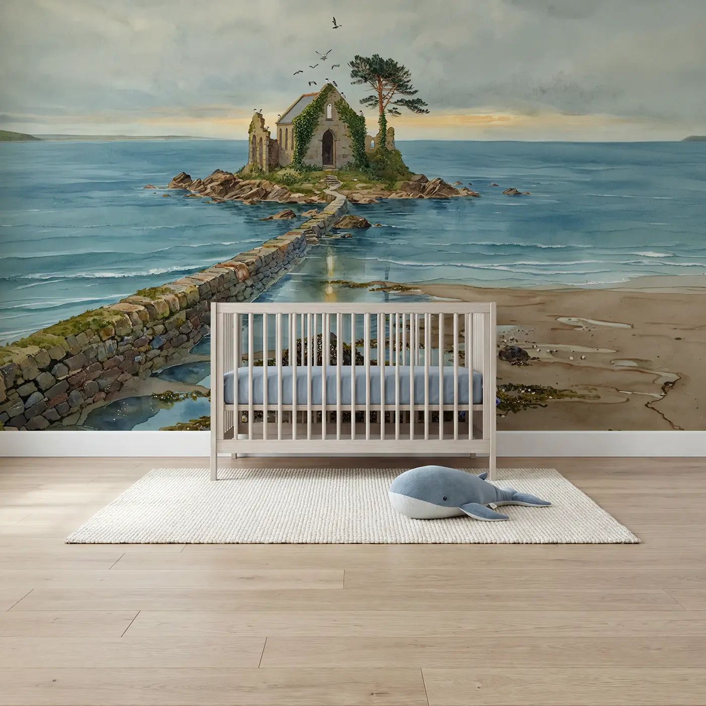 Watercolor tidal island causeway lighthouse wallpaper mural for boys room by Whimsy Tots