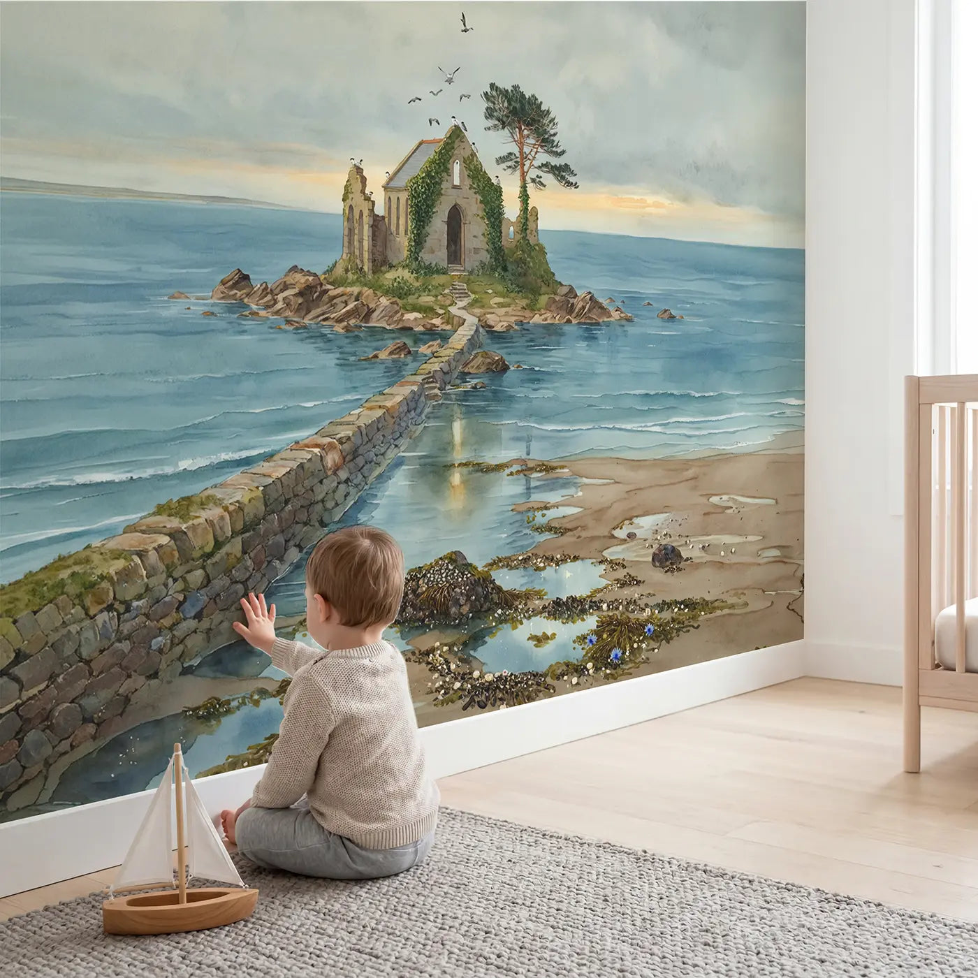 Child in nursery with Tidal Island Causeway Wallpaper Mural by Whimsy Tots