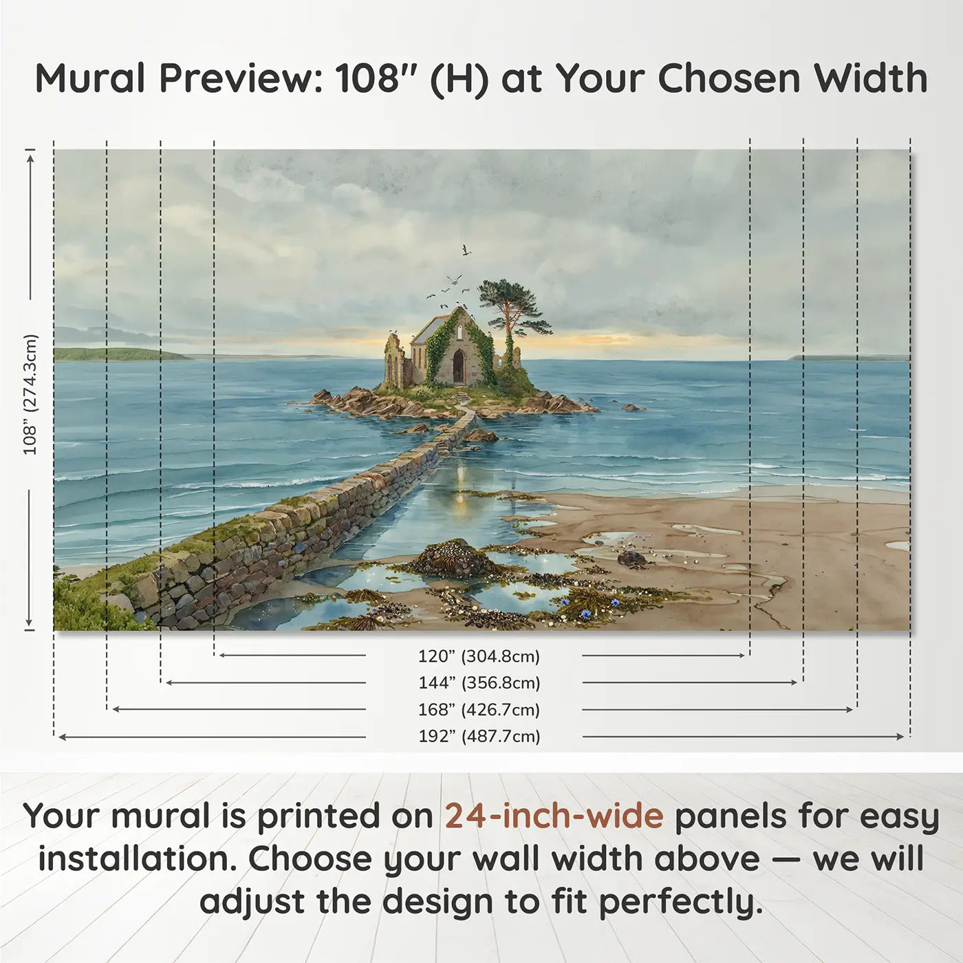 Panel layout and dimensions for Tidal Island Causeway Wallpaper Mural by Whimsy Tots