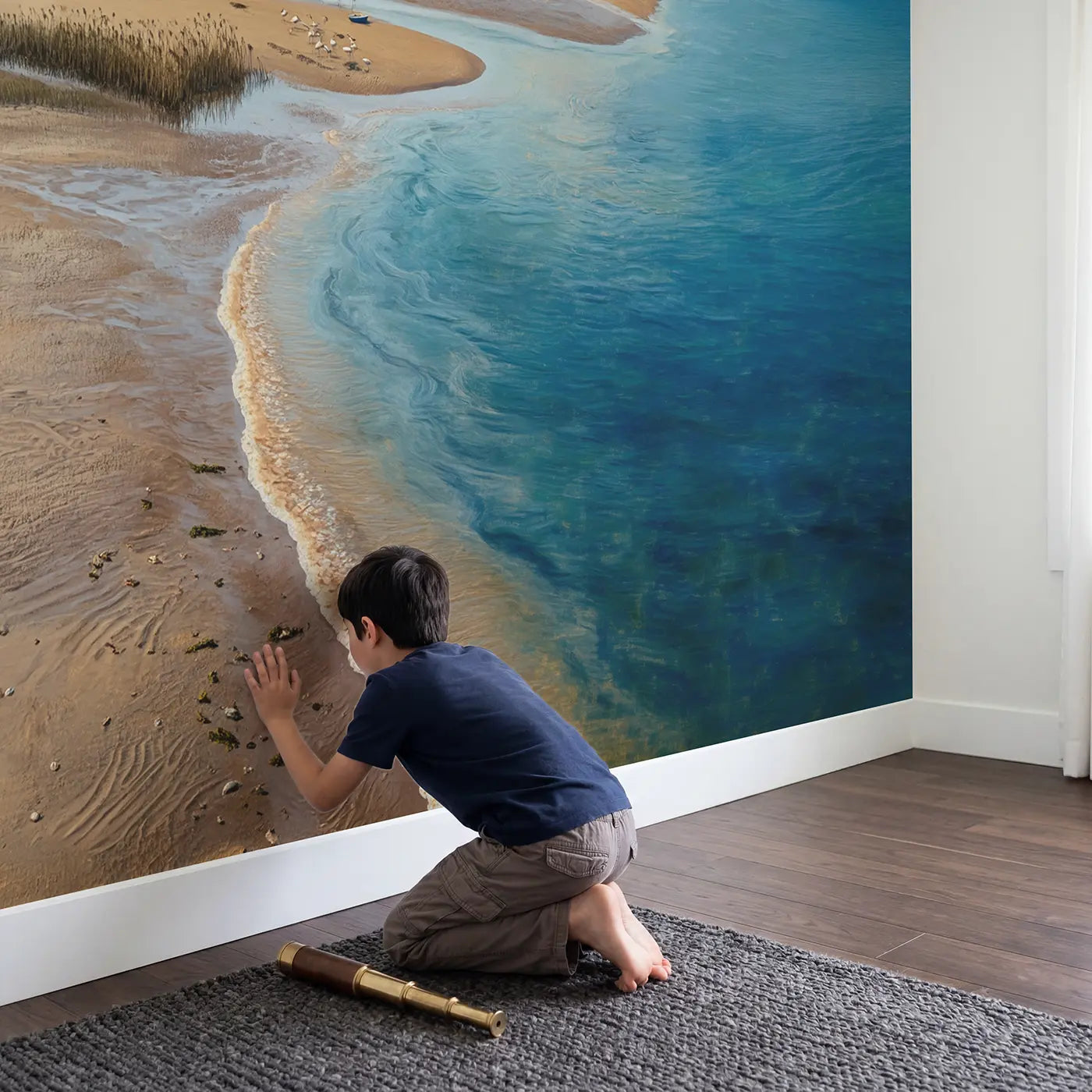 Child in nursery with River Estuary Meeting Waters Wallpaper Mural by Whimsy Tots