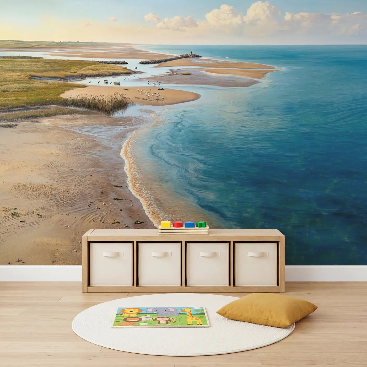 River Estuary Meeting Waters Wallpaper Mural in playroom setting by Whimsy Tots