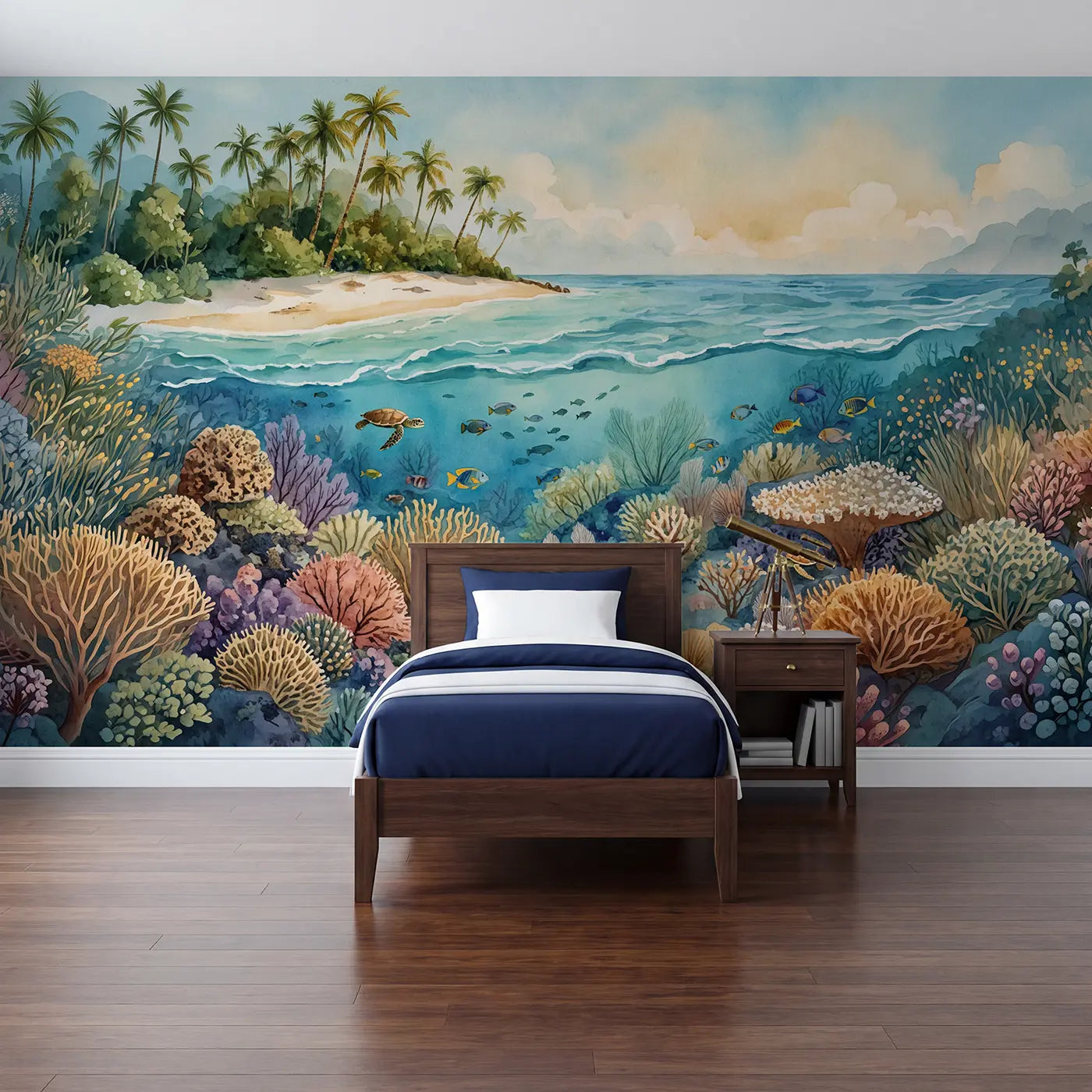 watercolor island reef split view coastal wallpaper mural for kids room by Whimsy Tots