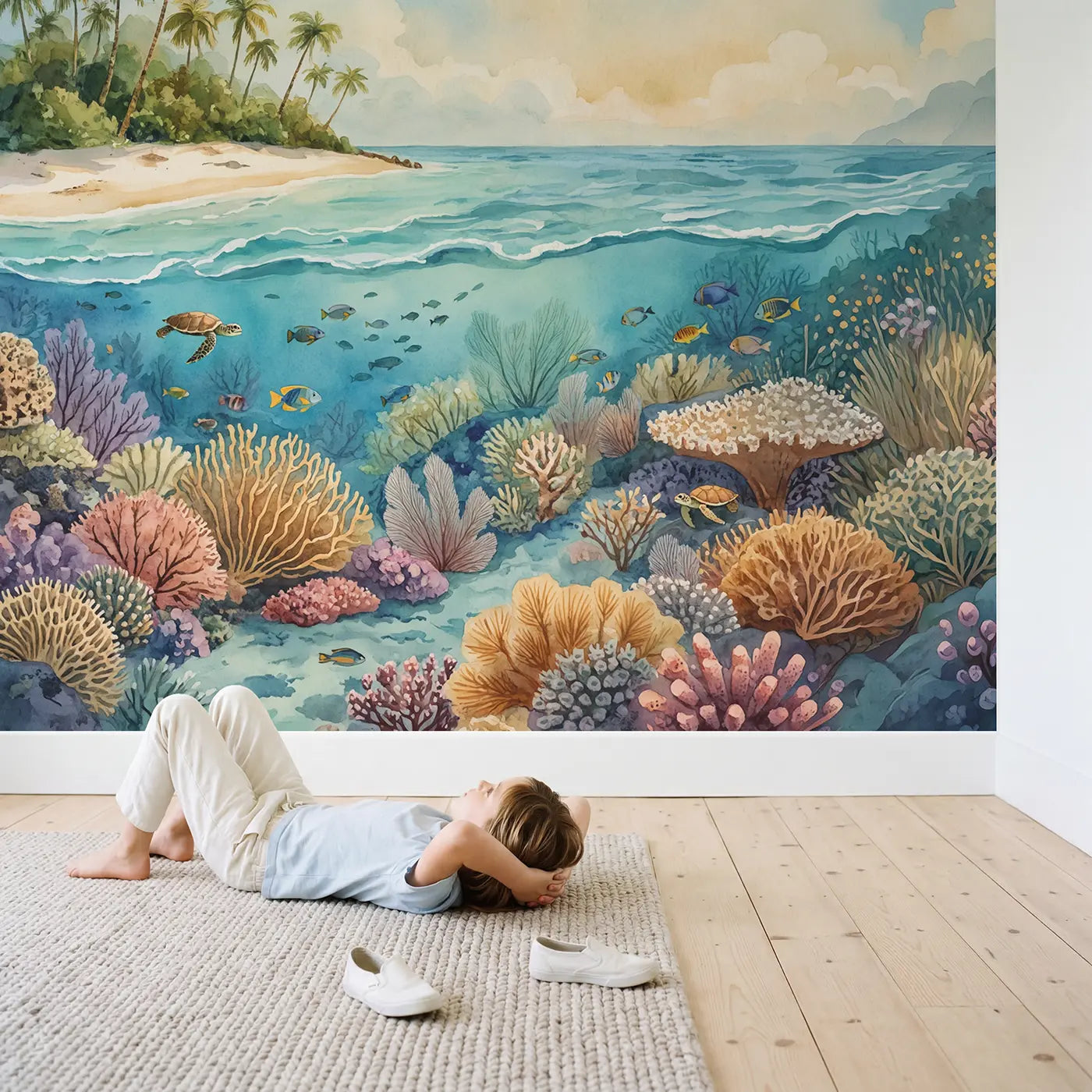 Child in nursery with Island Reef Split View Wallpaper Mural by Whimsy Tots