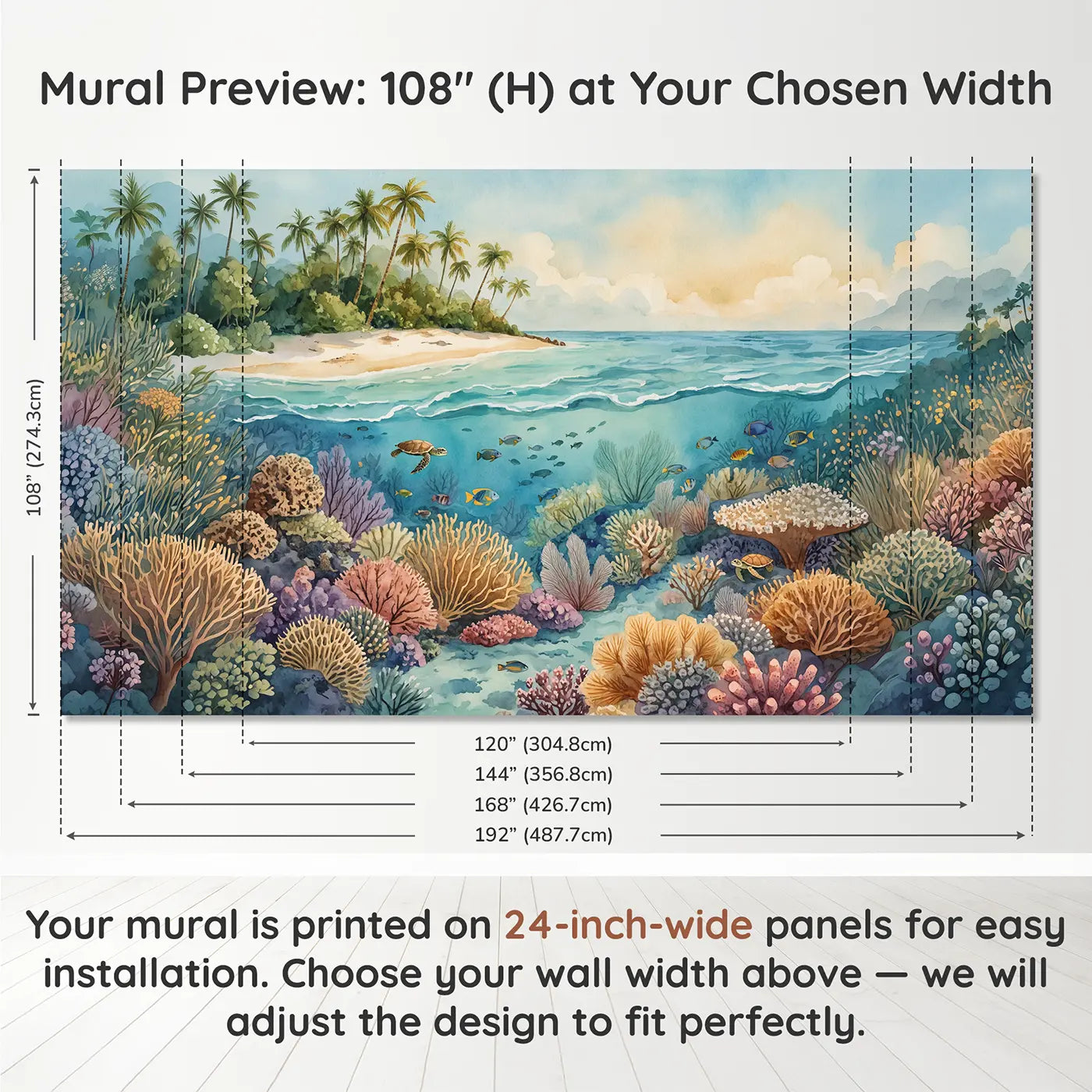 Panel layout and dimensions for Island Reef Split View Wallpaper Mural by Whimsy Tots