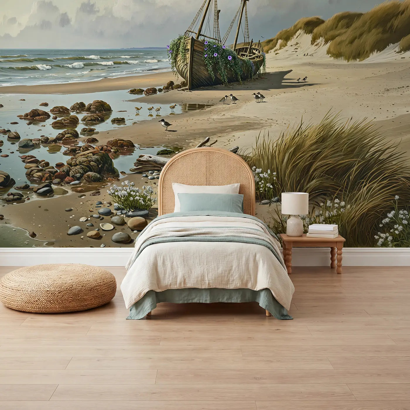 Painted landscape shipwreck with wildflowers wallpaper mural for kids room by Whimsy Tots
