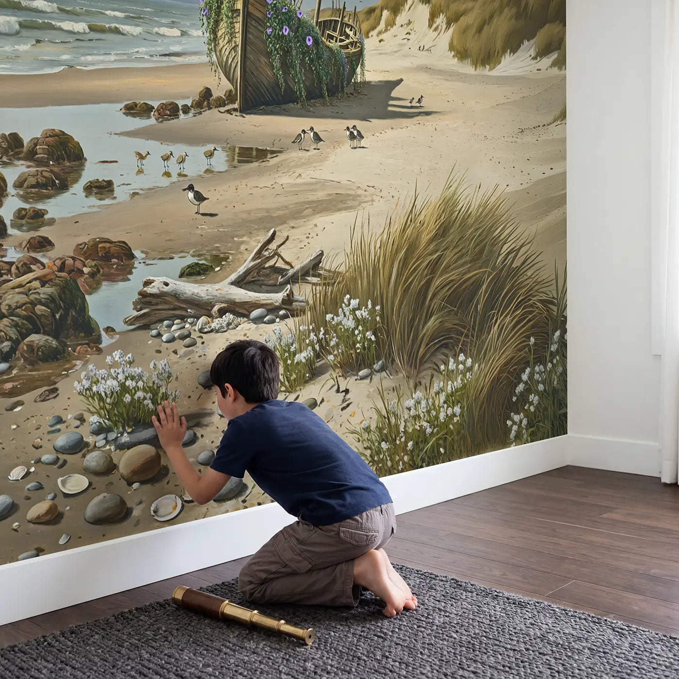 Child in nursery with Coastal Shipwreck Garden Wallpaper Mural by Whimsy Tots