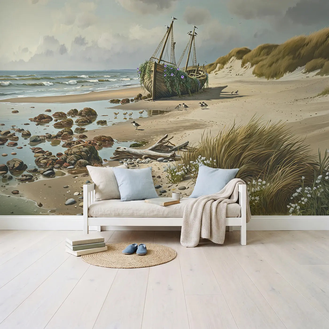 Coastal Shipwreck Garden Wallpaper Mural in playroom setting by Whimsy Tots