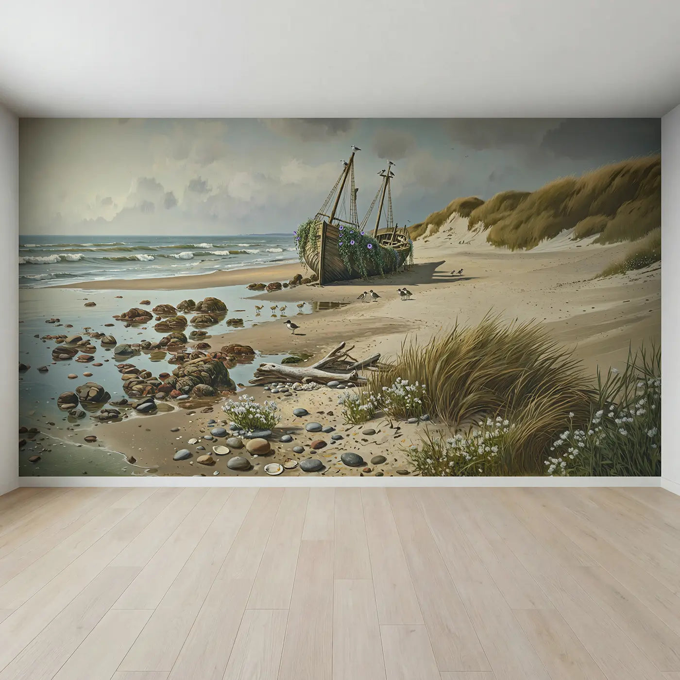 Full view of Coastal Shipwreck Garden Wallpaper Mural by Whimsy Tots